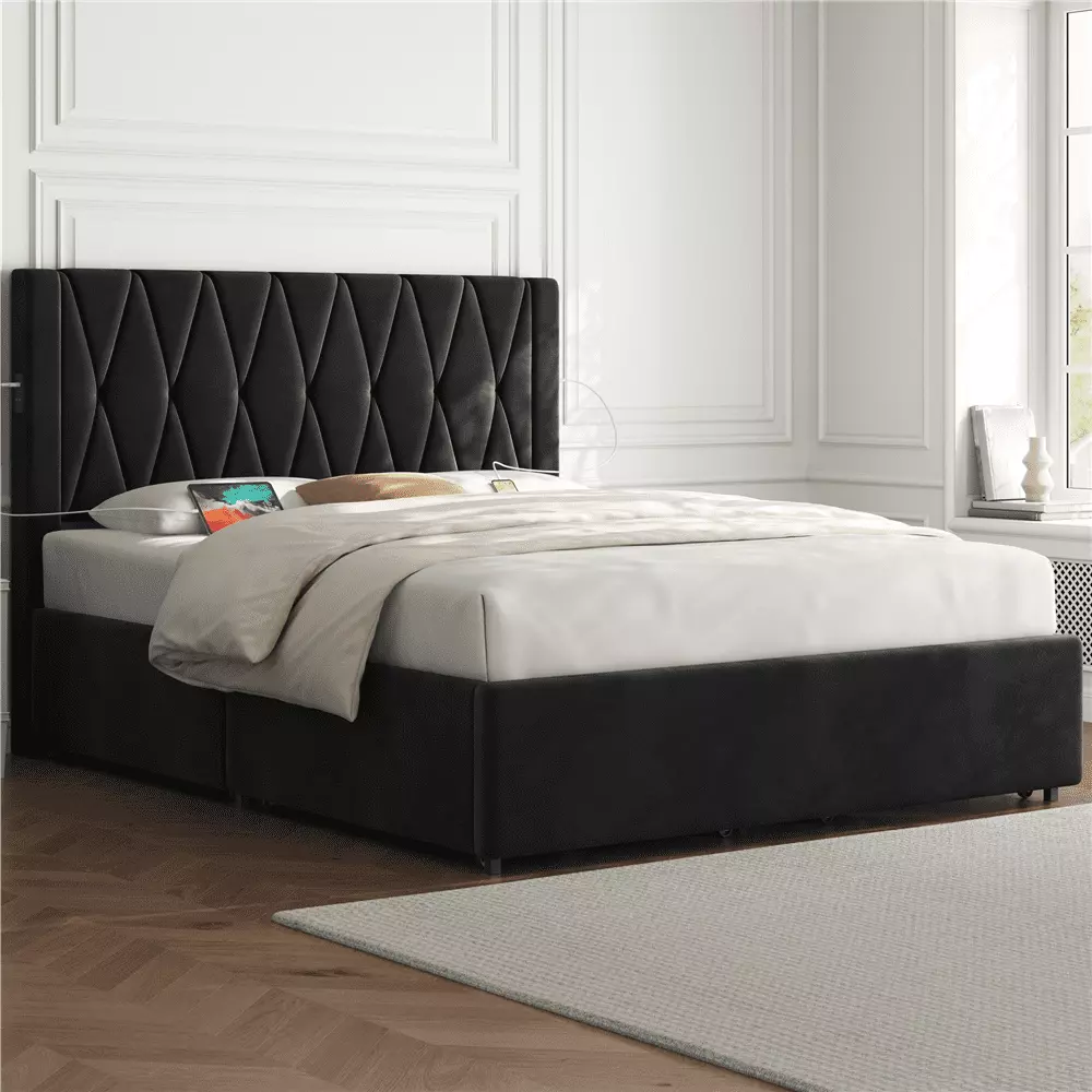 Topeakmart Modern Full Upholstered Bed 4 Storage Drawers and Built- USB Ports Black