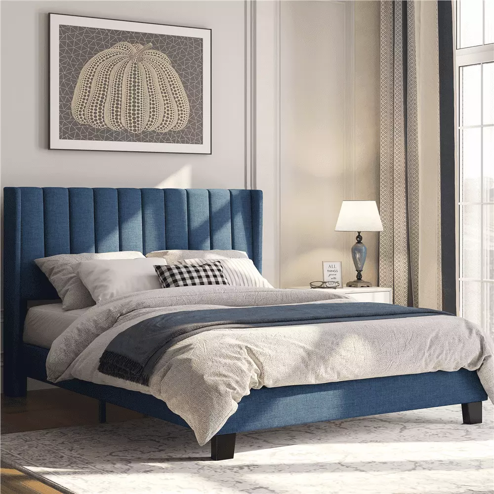 Topeakmart Queen Platform Bed Upholstered Headboard and Mattress Foundation Navy Blue