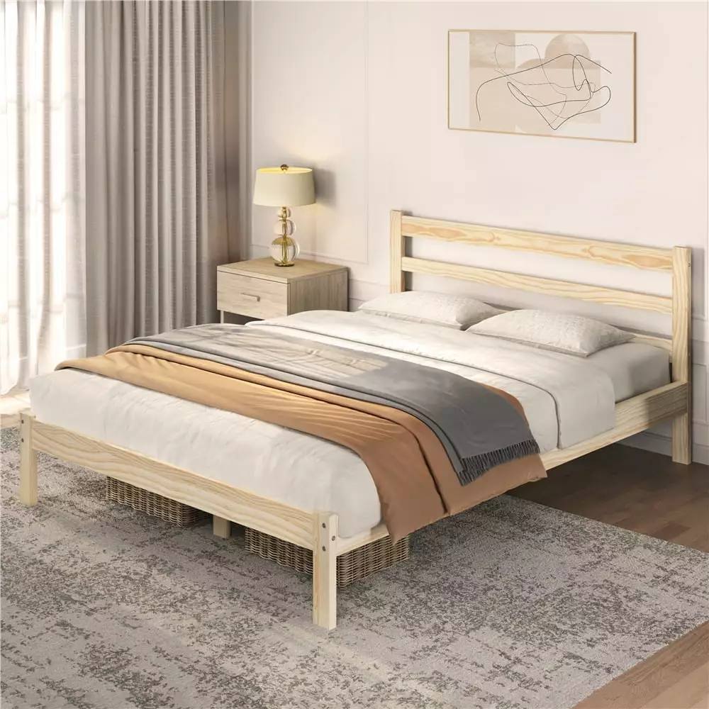 Topeakmart Queen Wooden Platform Bed Frame Headboard