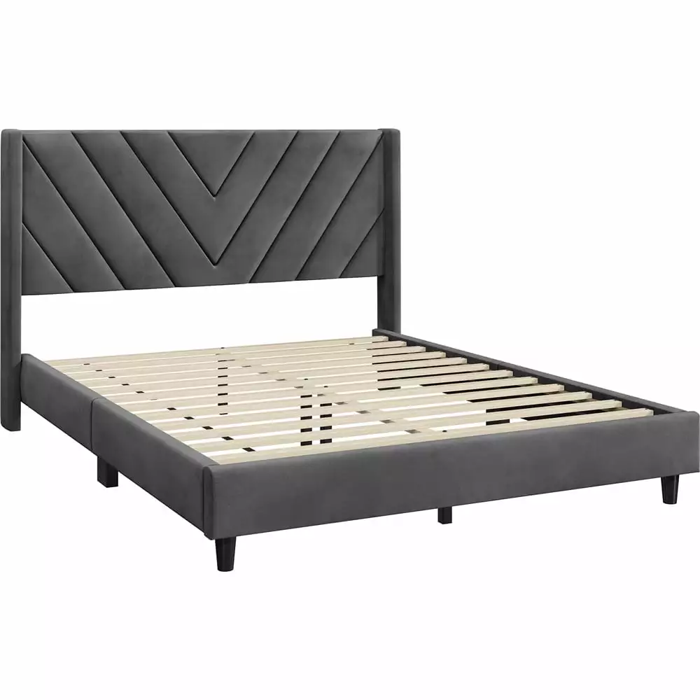 Topeakmart Upholstered Platform Bed Tufted Headboard Queen Size Dark Gray