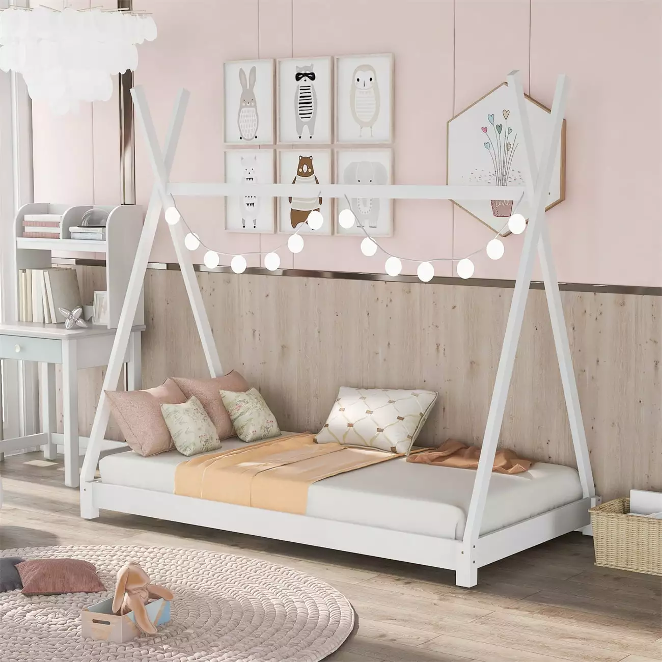 Houtilize Twin Size Solid Wood Platform Bed Frame Slats Support Kids Boys Girls White Triple Tree