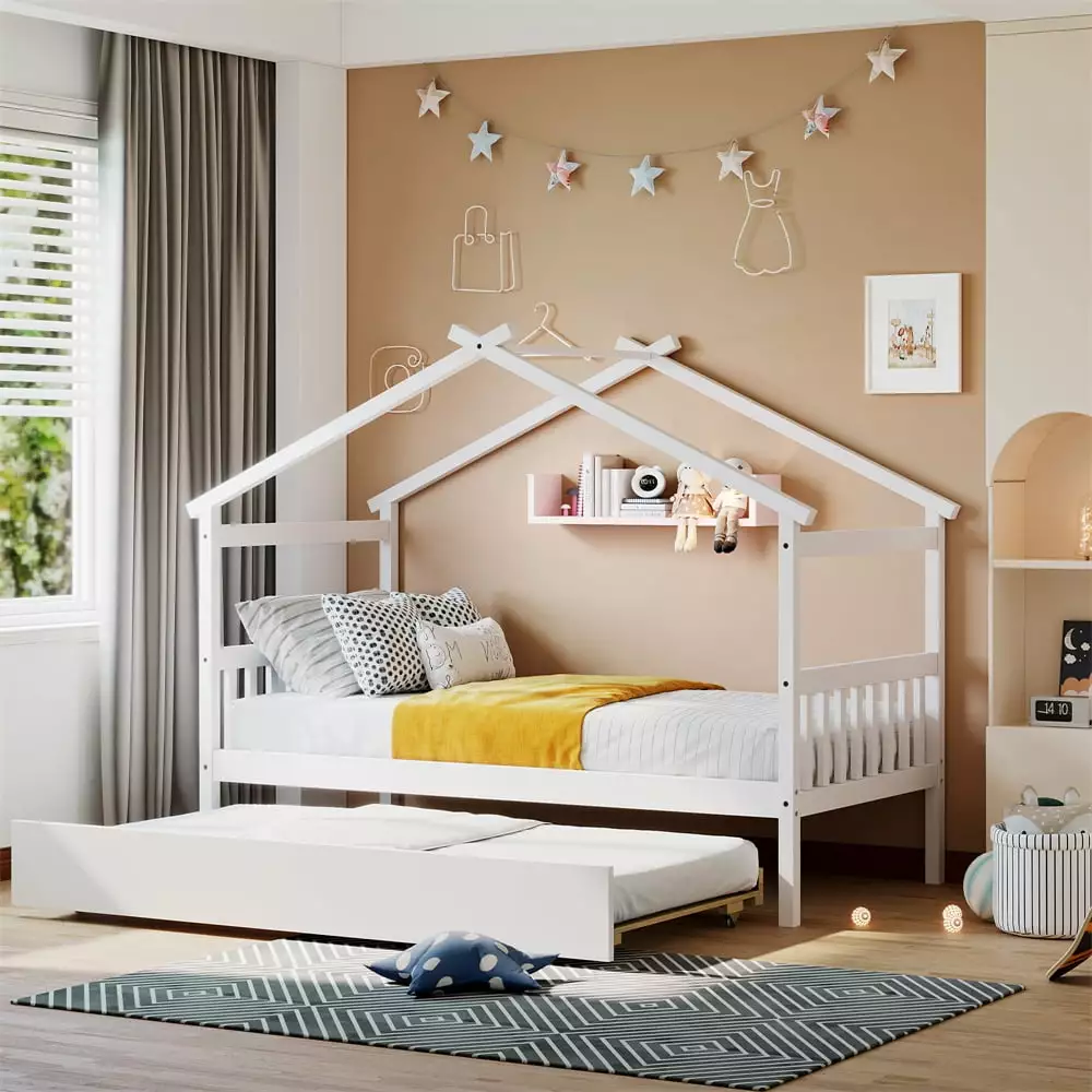 Houtilize Twin Size Wooden Platform Bed Trundle Kids Toddlers and Teens Triple Tree