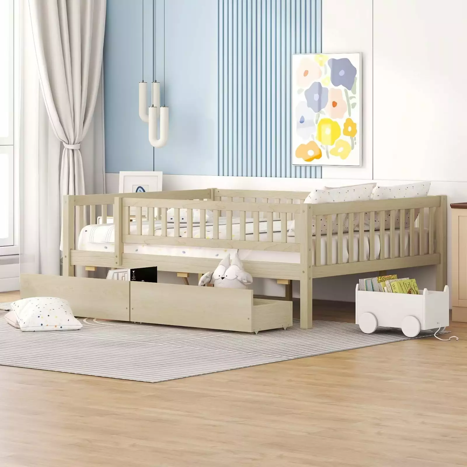 Low Wood Bed Fence Guardrails Full Size Platform Bed Frame 2 Storage Drawers Brown Triple Tree