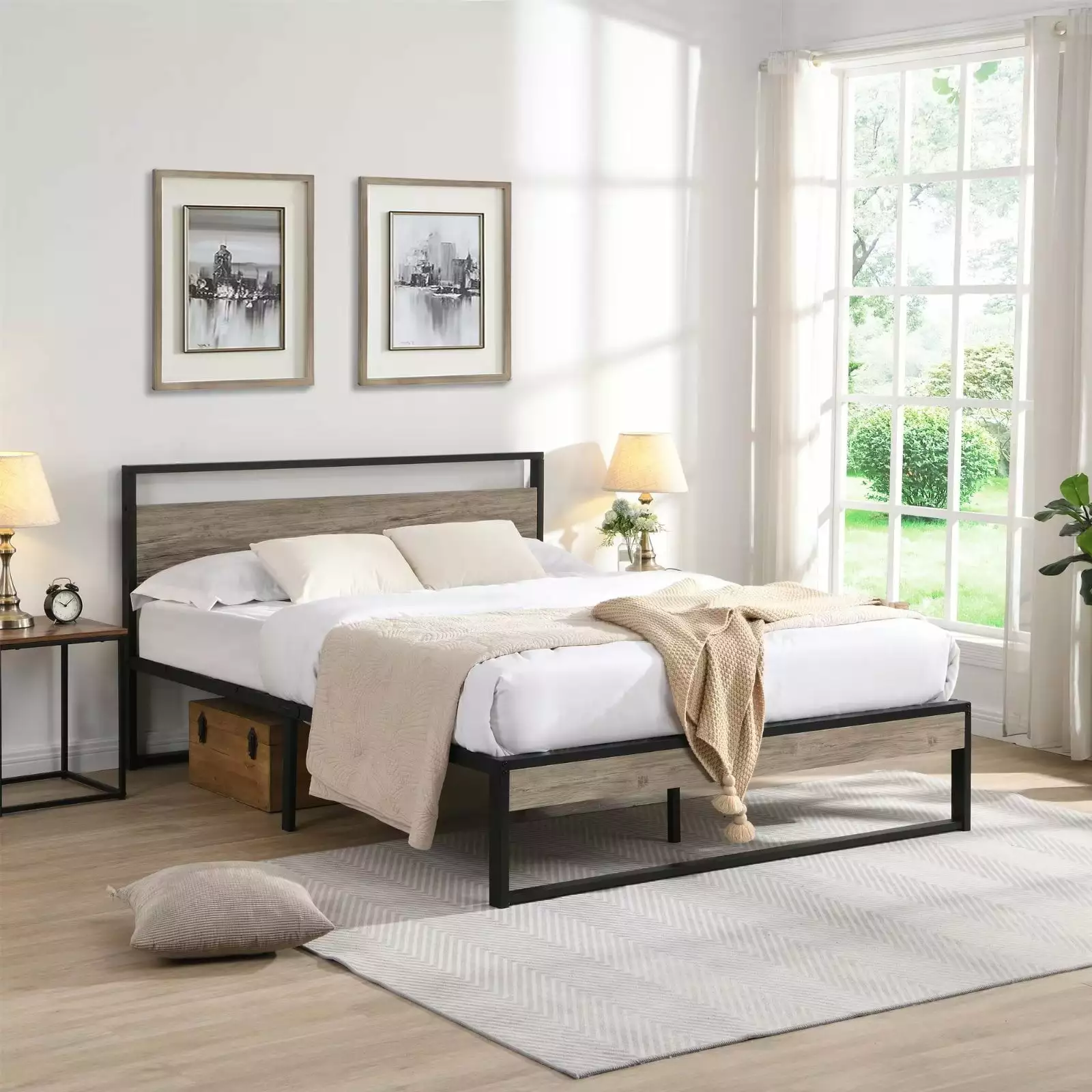 Metal Bed Frame Full Size Platform Bed Wood Headboard and Footboard Black Triple Tree