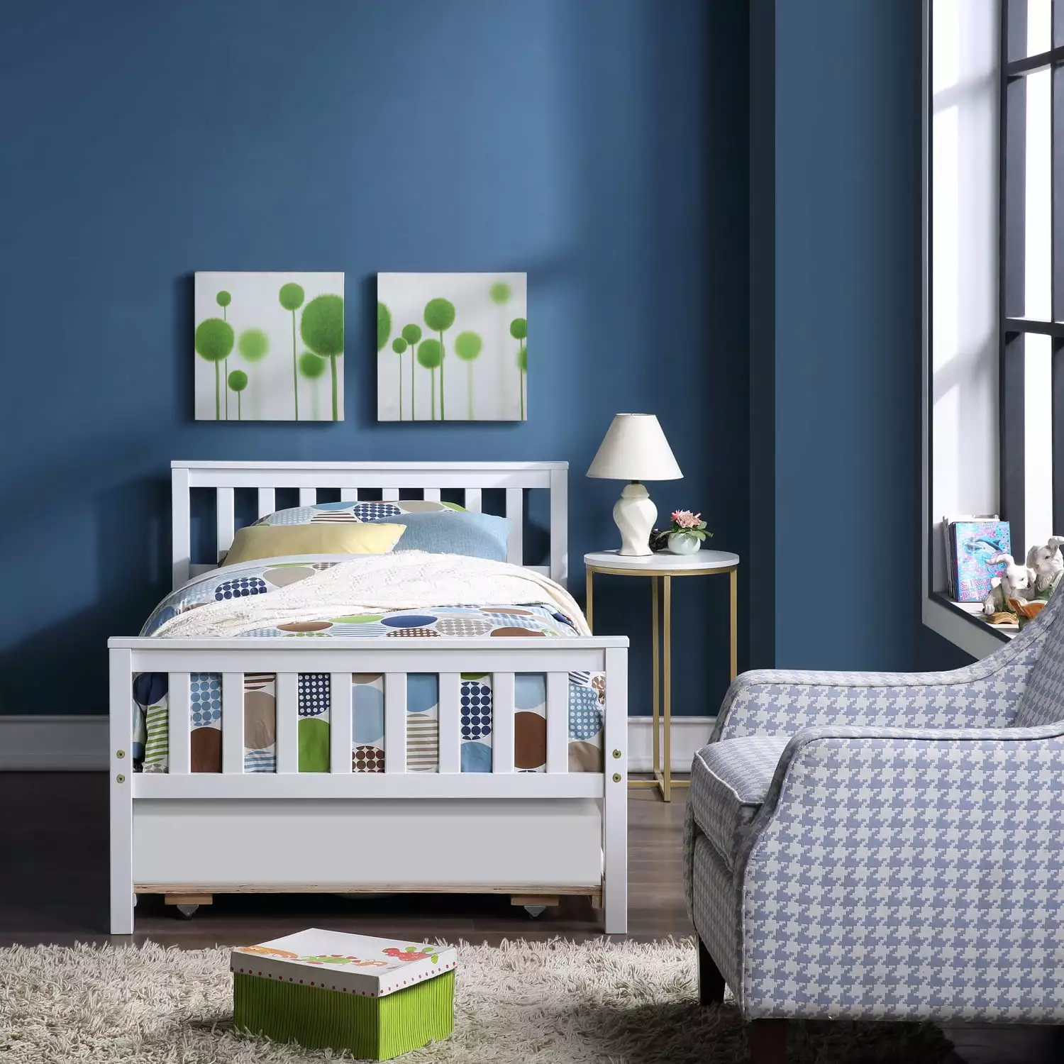 Twin Bed Frame Trundle - Solid Pine Wood Platform Bed Headboard - White Triple Tree
