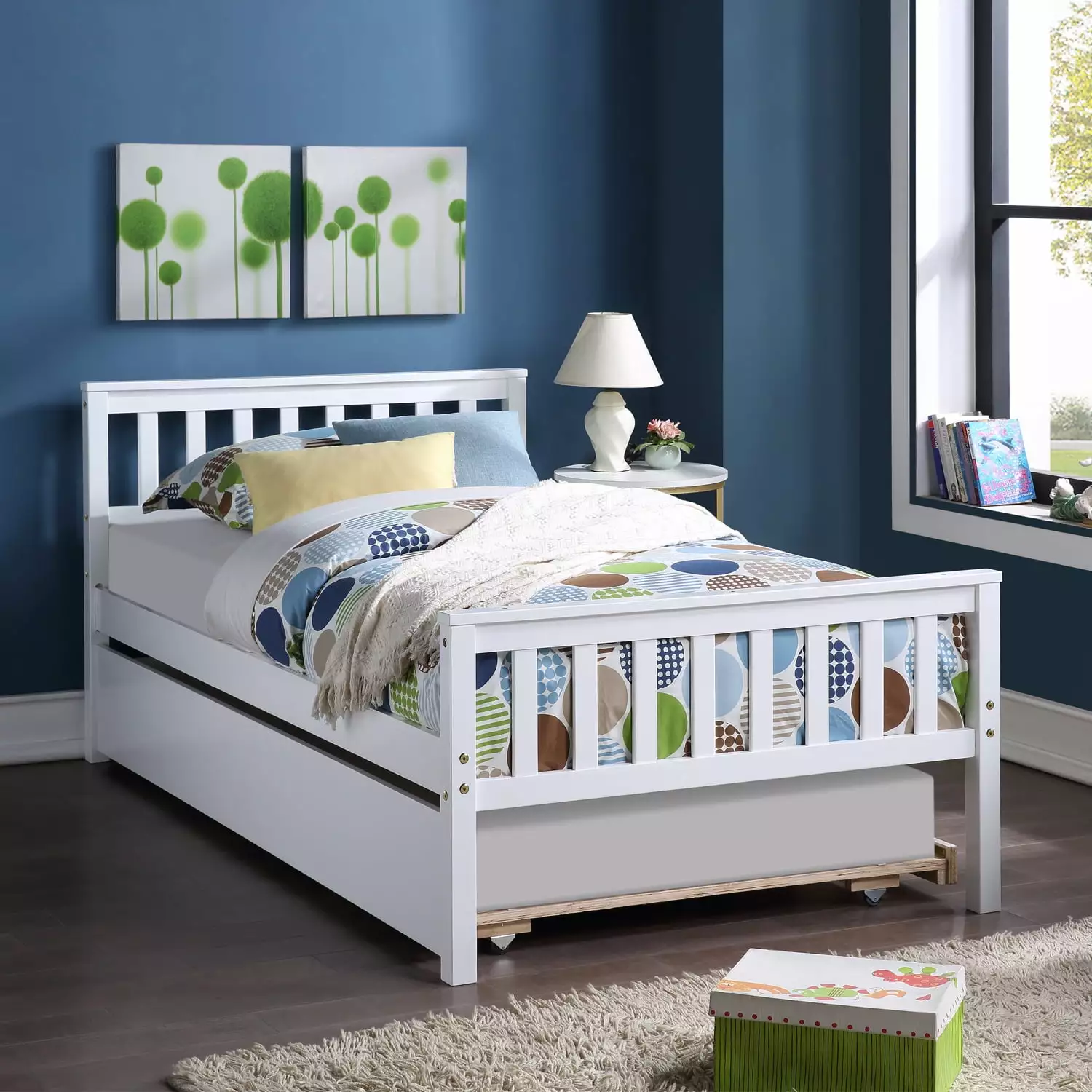 Twin Platform Bed Trundle - Solid Wooden Twin Size Bed Frame Headboard & Footboard Triple Tree