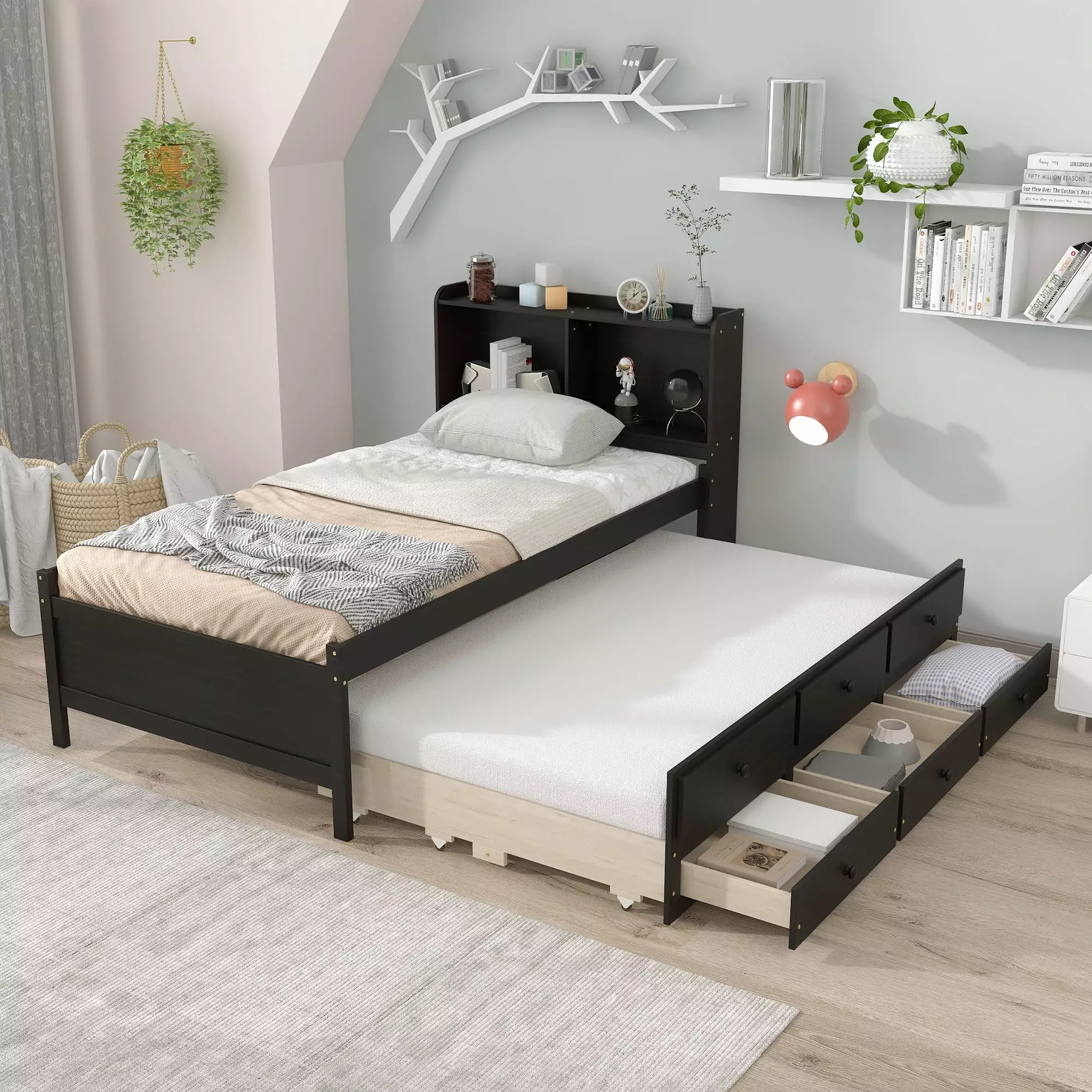 Twin Size Platform Bed Bookcase Headboard and Pull Out Trundle - Wood Storage Bed Frame Edpresso Triple Tree