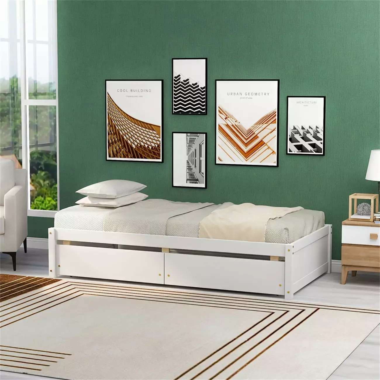 Twin Size Platform Bed 2 Drawers - Wooden Daybed Frame Slats Support Bedroom or Dorm Triple Tree