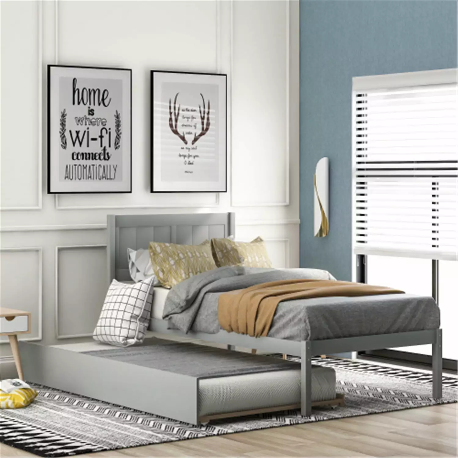 Twin Size Platform Bed Frame Trundle Bed - Modern Wood Platform Bed Headboard Kids Boys and Girls - Gray Triple Tree