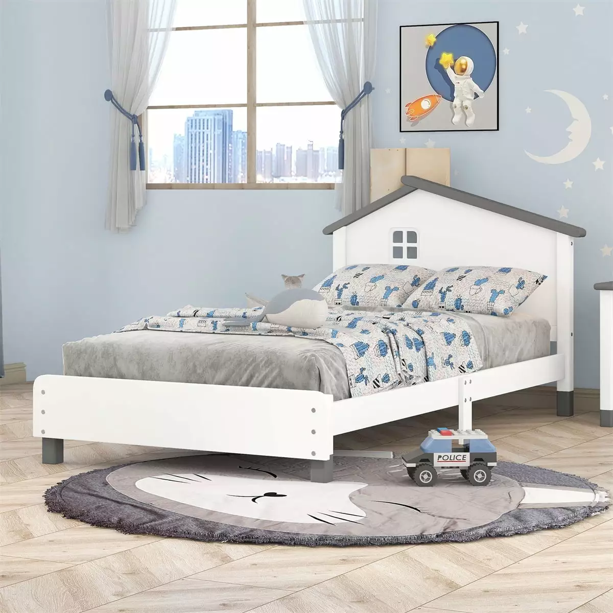 Twin Size Platform Bed Houtilize-Shaped Headboard - Solid Wood Bed Frame Kids, Teens, and Adults Triple Tree