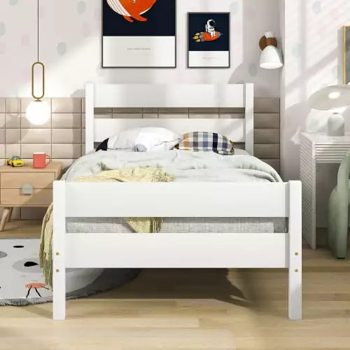Twin Size Platform Bed Solid Wood Bed Frame Headboard and Footboard Girls Boys White Triple Tree