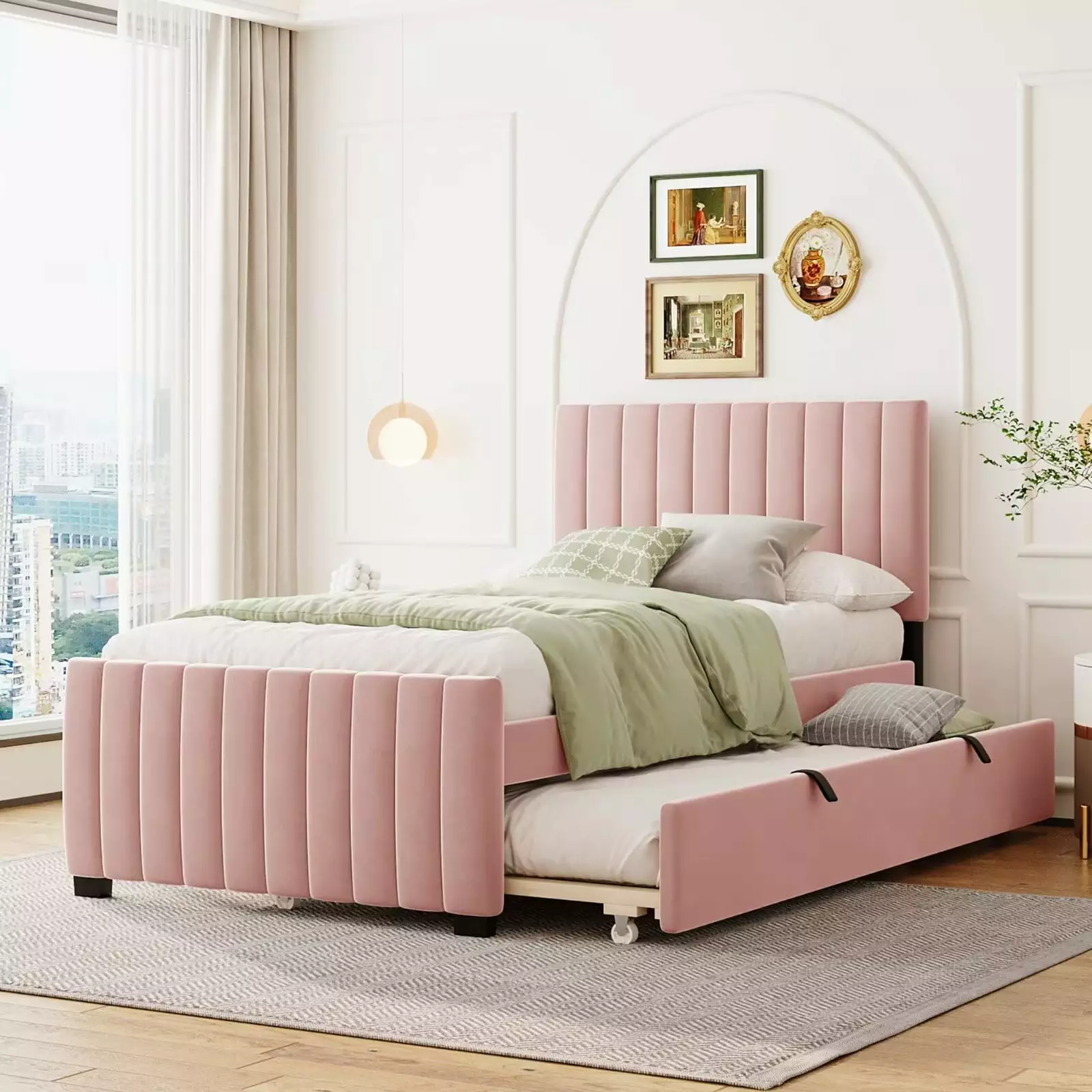 Twin Size Platform Bed Twin Size Trundle Velvet Upholstered Bed Frame Pink Kids Bed Triple Tree