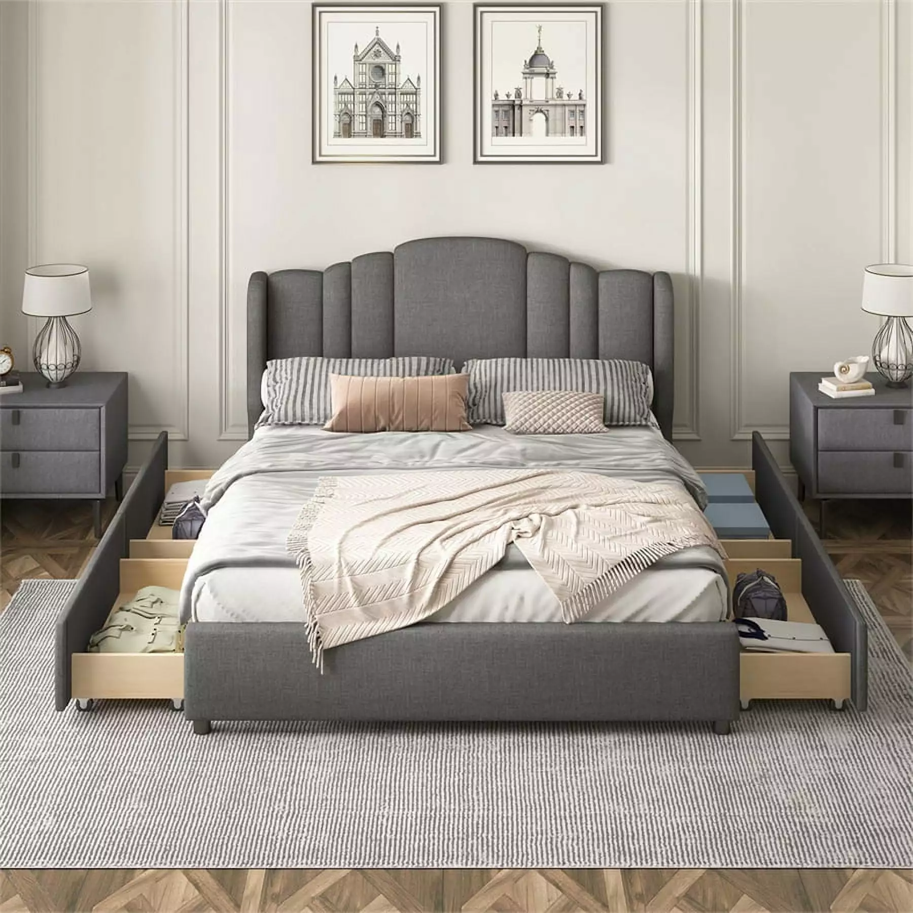 Upholstered Platform Bed 4 Drawers Queen Size Bed Frame Wingback Style Headboard Kids Teens and Adults Linen Fabric Mattre...