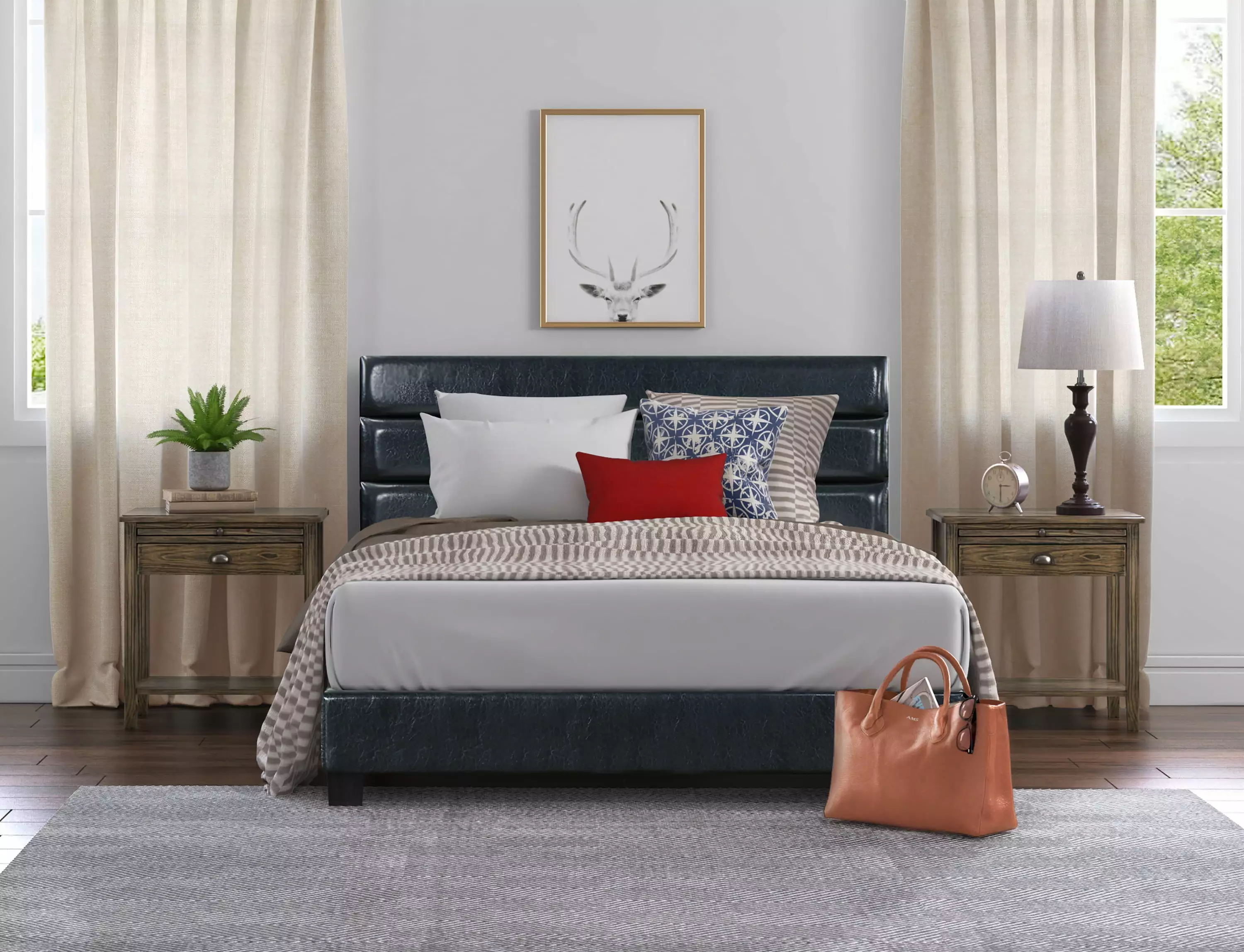 Truly Home Hudson Leather Contemporary Modern Linen Tufted Slat Bed Queen Black