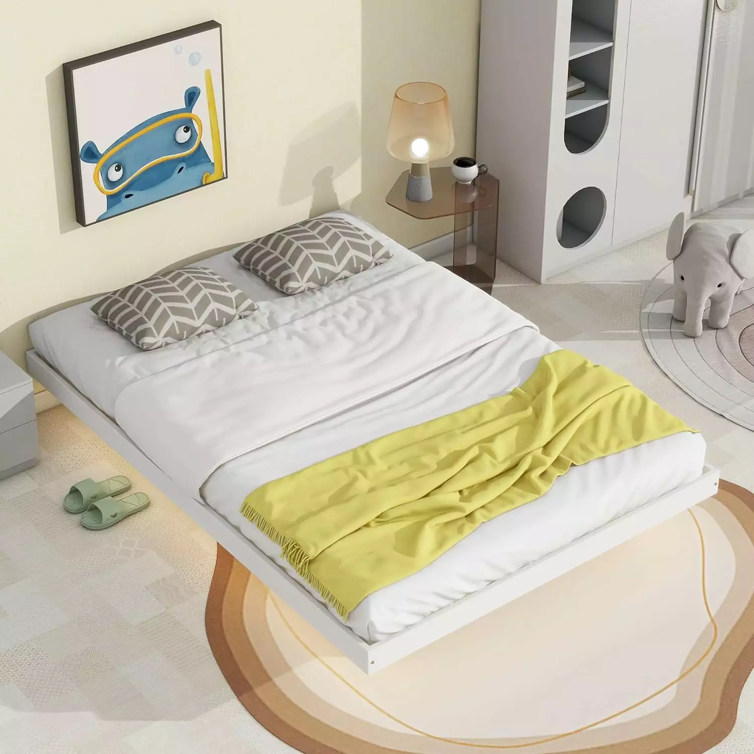 Ufurpie Full Size Floating Bed Frame LED Lights Modern Low Profile Platform Bed White