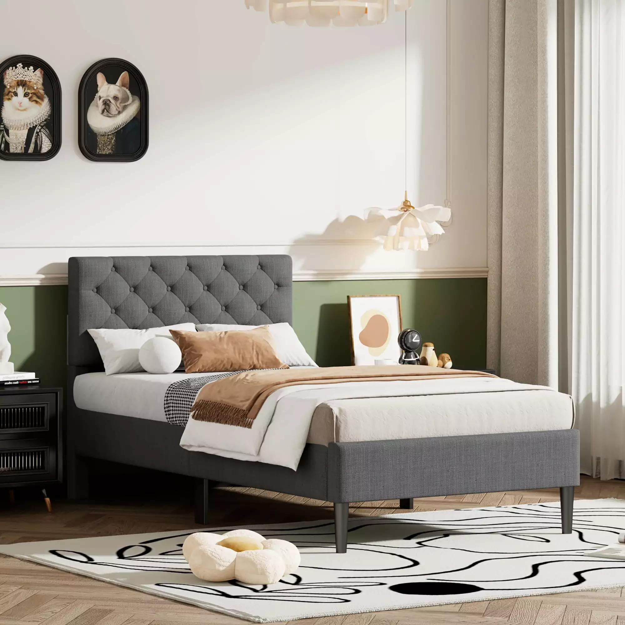 Modern Upholstered Platform Twin Bed Frame Heavy Duty Headboard Gray Wood Slat Support No Box Spring uhomepro