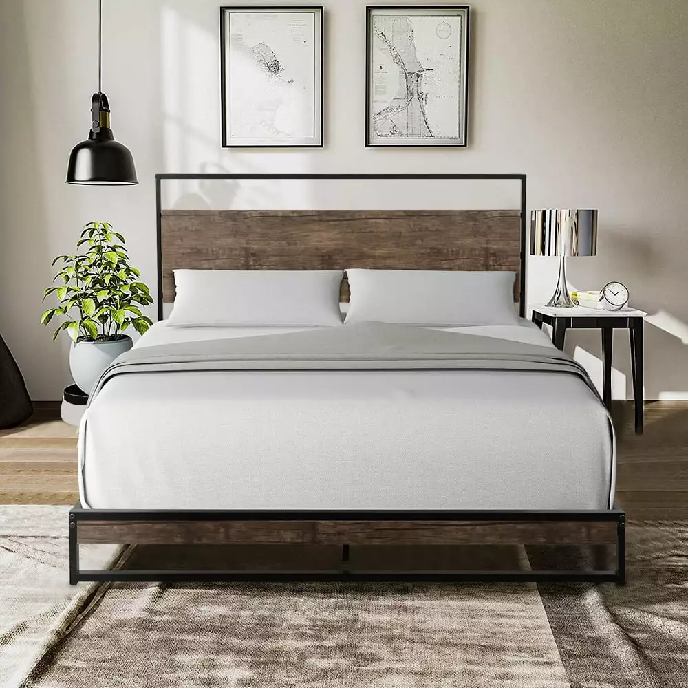 Queen Size Metal Bed Frame Headboard Platform Bed No Box Spring Needed Black uhomepro