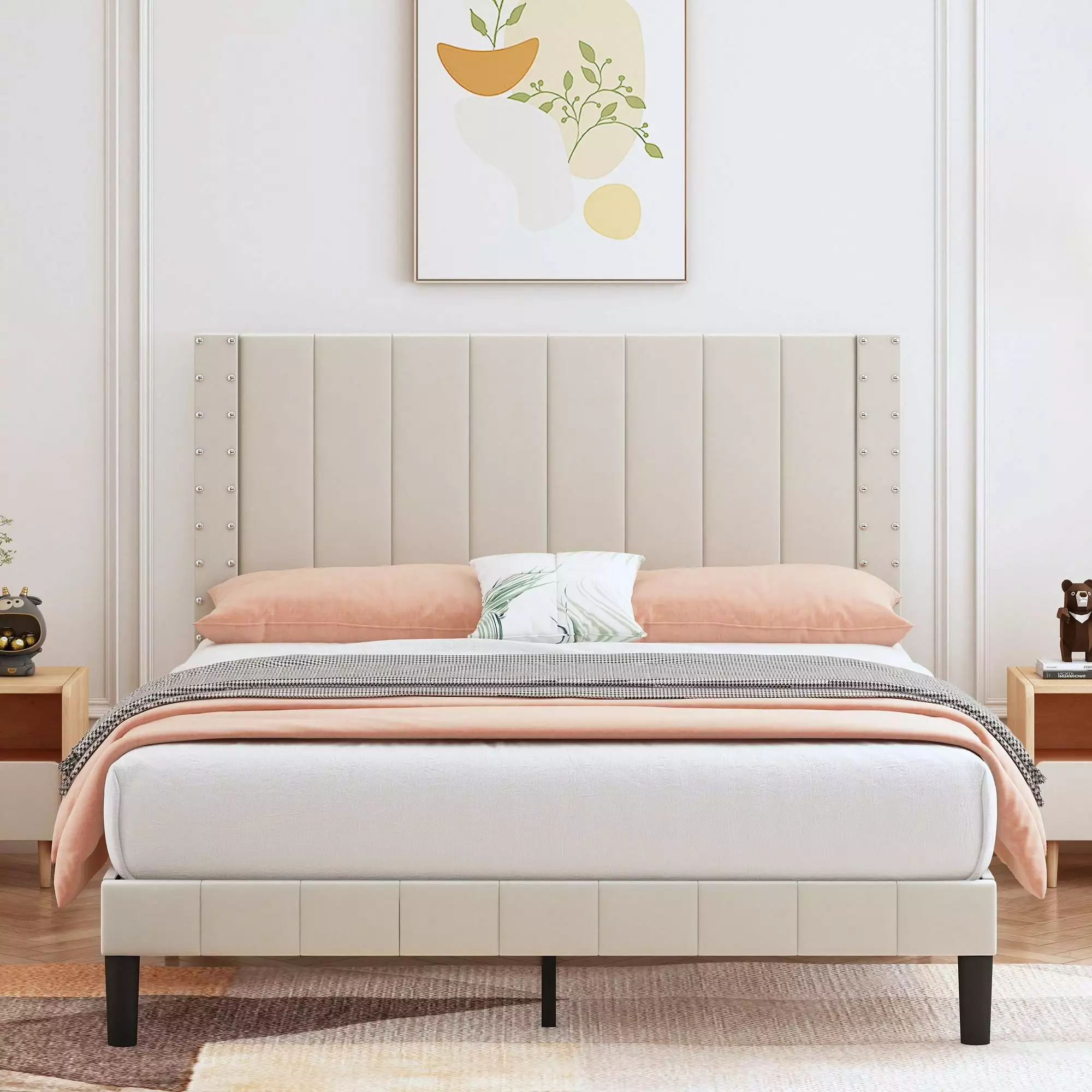 uhomepro Beige Queen Bed Frame Velvet Headboard Wood Slats Support No Box Spring Needed
