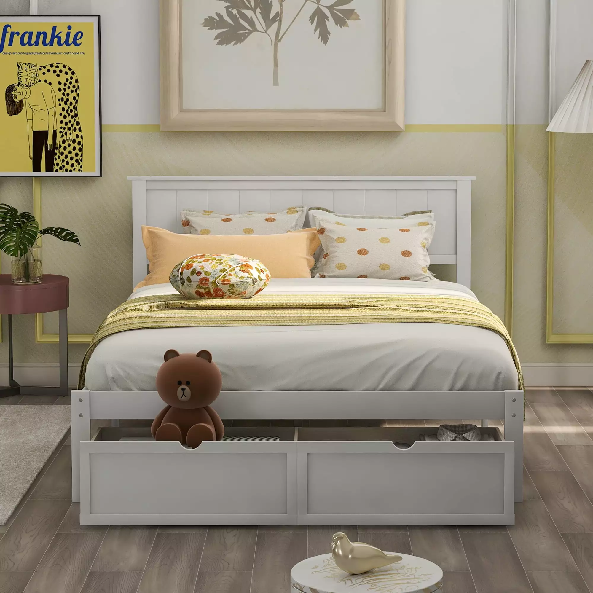 Uhomepro Full Bed Frame Kids Adults Storage Drawer and Headboard White Modern Platform Bed No Box Spring Needed