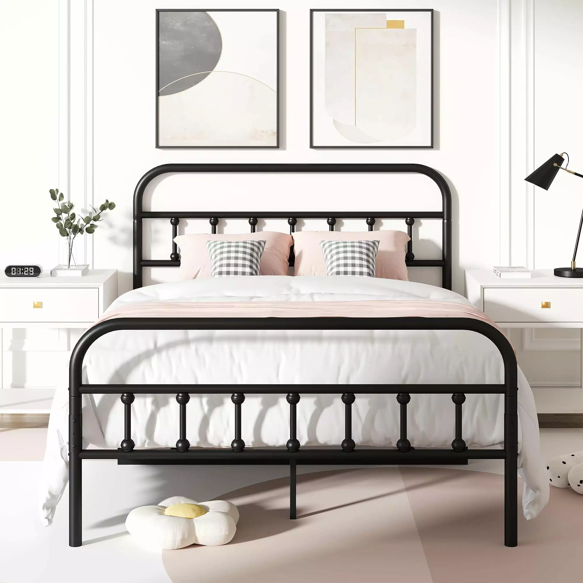 uhomepro Full Platform Bed Frame Headboard - Metal Full Size Bed - Rustic Vintage Black Bedroom Furniture