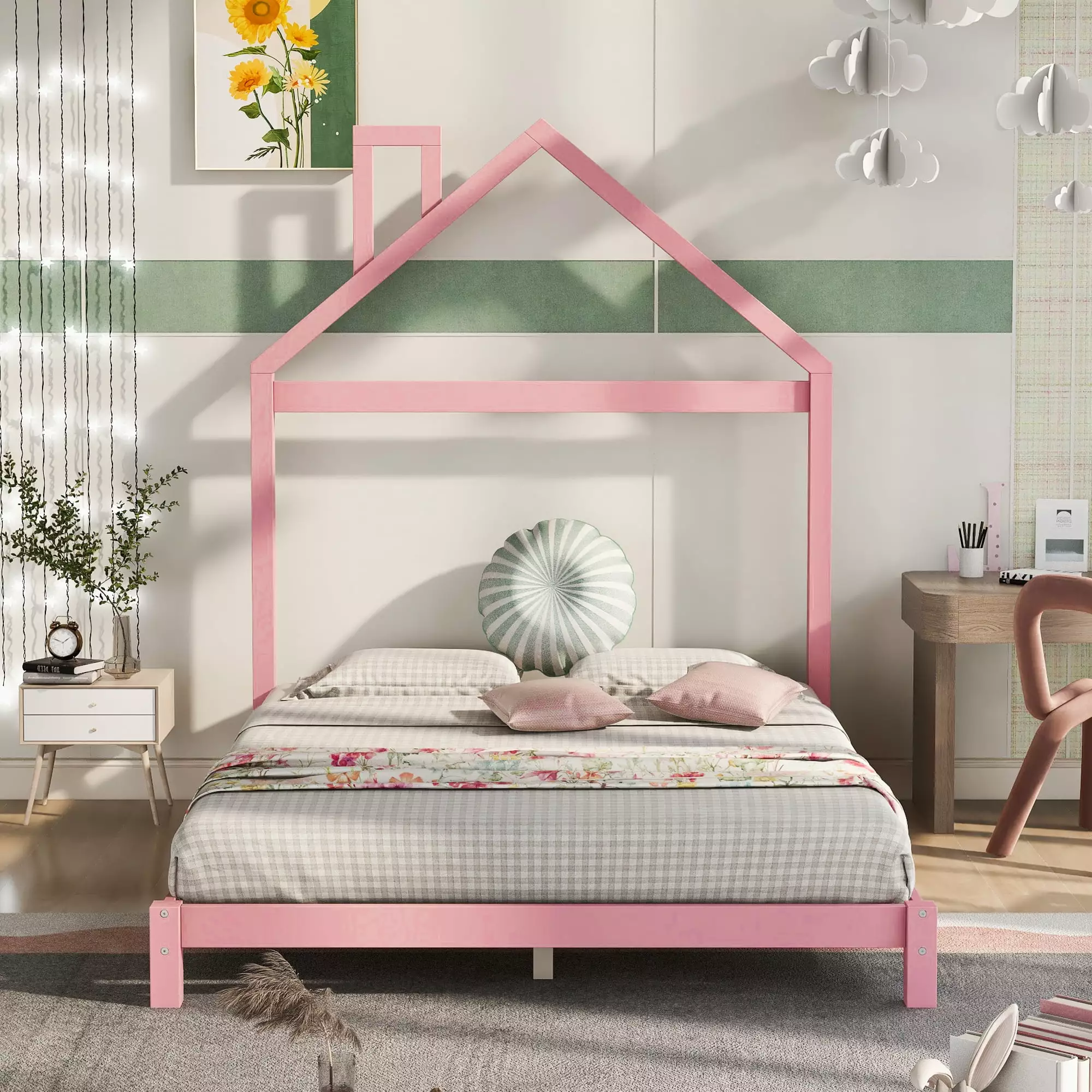 uhomepro Kids Full Bed Frame Houtilize Headboard Pretty Platform Bed Frame Girls Boys Pink Wood Slats Support No Box Sprin...