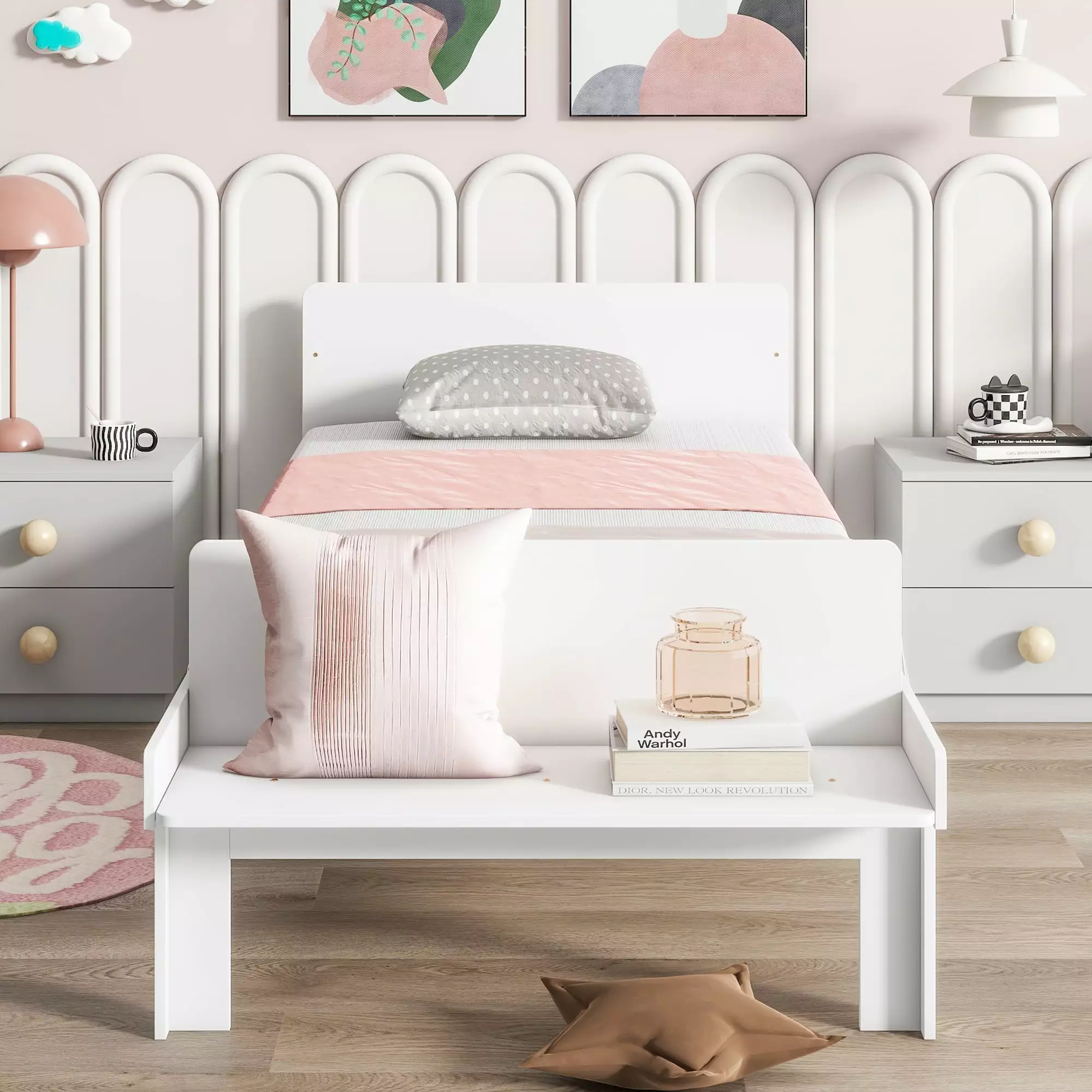 uhomepro Kids Twin Size Wood Platform Bed Headboard and Footboard Bench Wood Slats No Box Spring Needed White