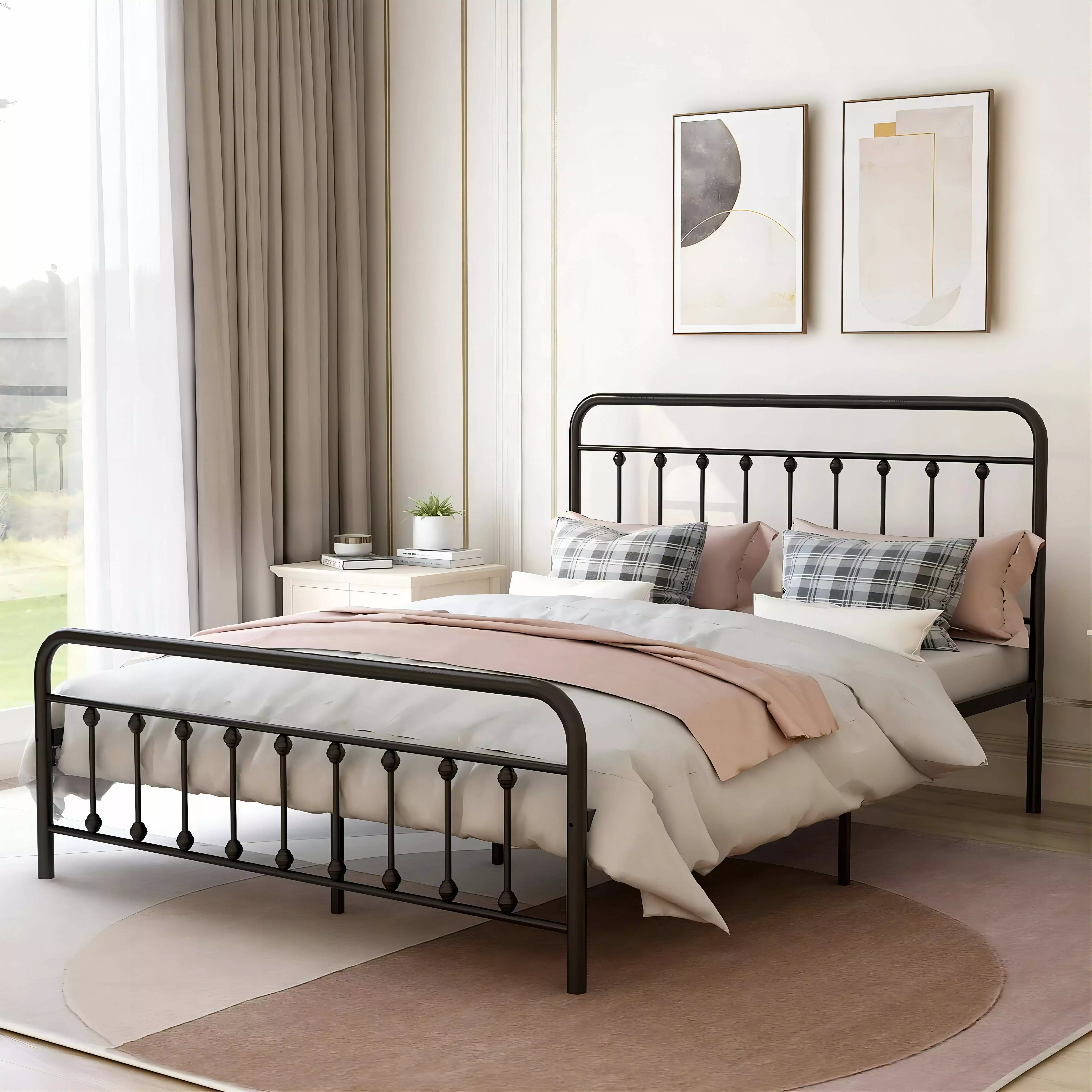 uhomepro Metal Queen Size Bed Frame Headboard and Footboard - Black Platform Bed No Box Spring Needed