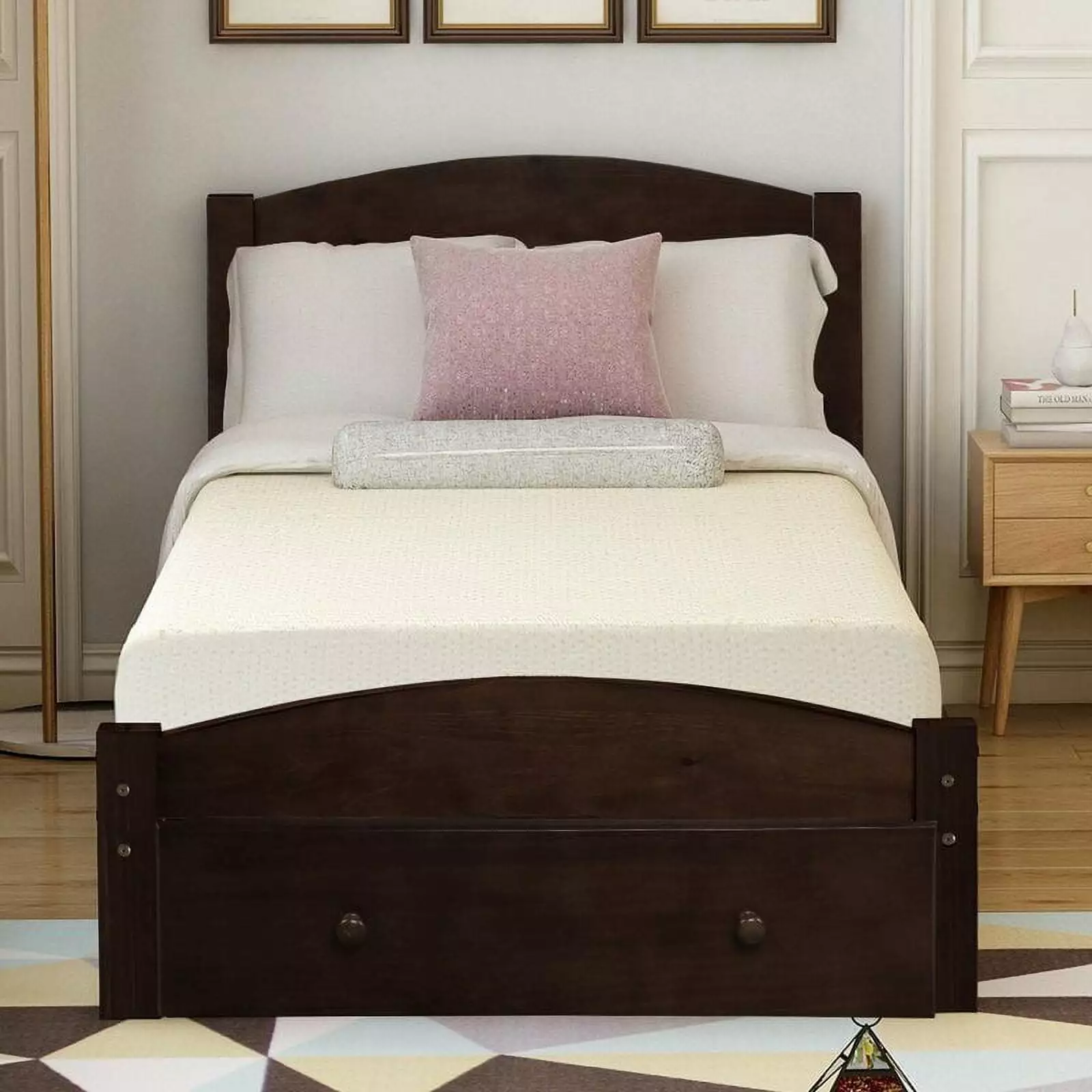 UHOMEPRO Twin Bed Frame No Box Spring Needed Solid Wood Platform Bed Headboard and Storage Drawer Espresso