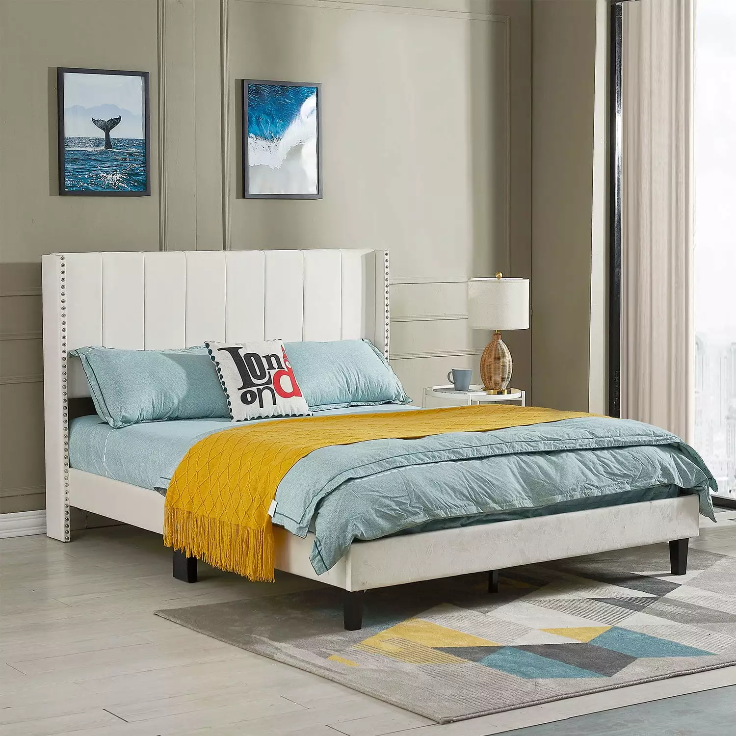 uhomepro Upholstered Platform Queen Bed Frame Velvet Headboard - Modern Beige Wood Slat Support Mattress Foundation No Box...