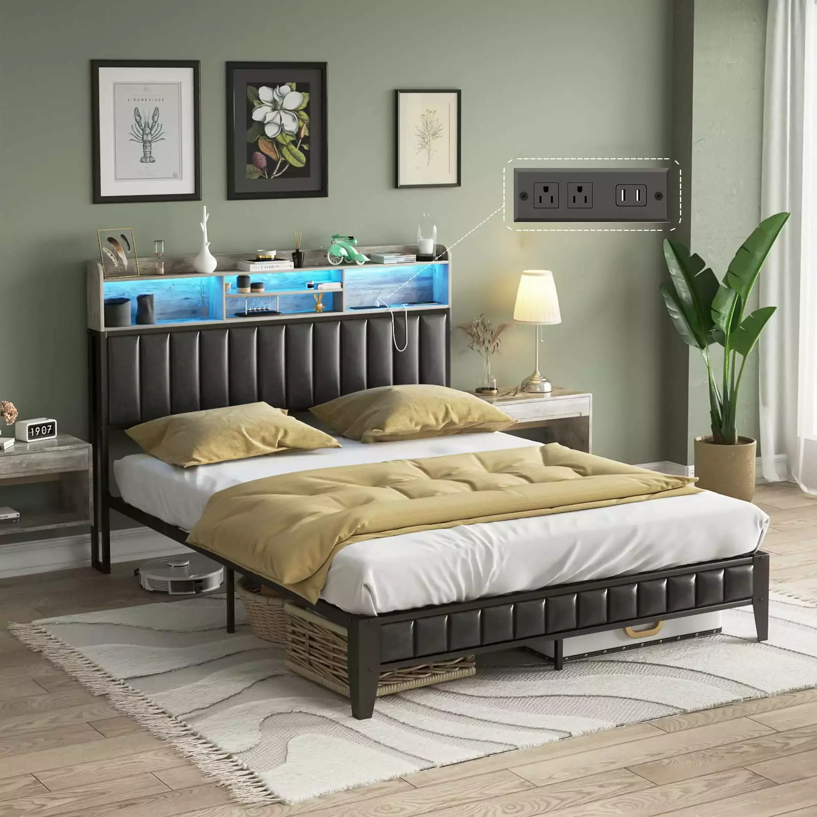 Veanerwood Queen Bed Frame Leather Headboard LED Lights Metal Platform Bed Power Strip Storage Noise Free Gray