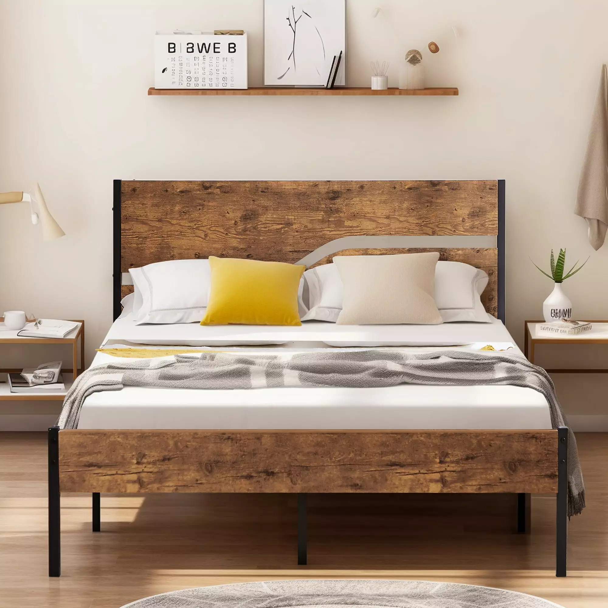 VECELO Full Size Metal Bed Frame Wooden Headboard Rustic Brown