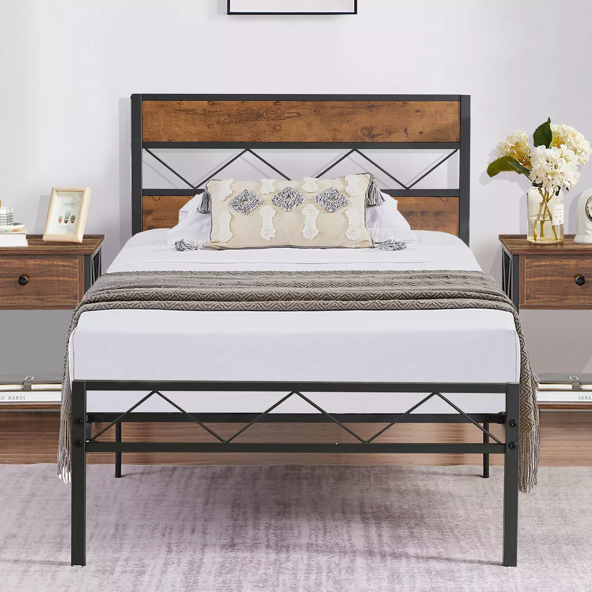 VECELO Twin Size Metal Platform Bed Frame Wooden Headboard and Heavy Duty Slats