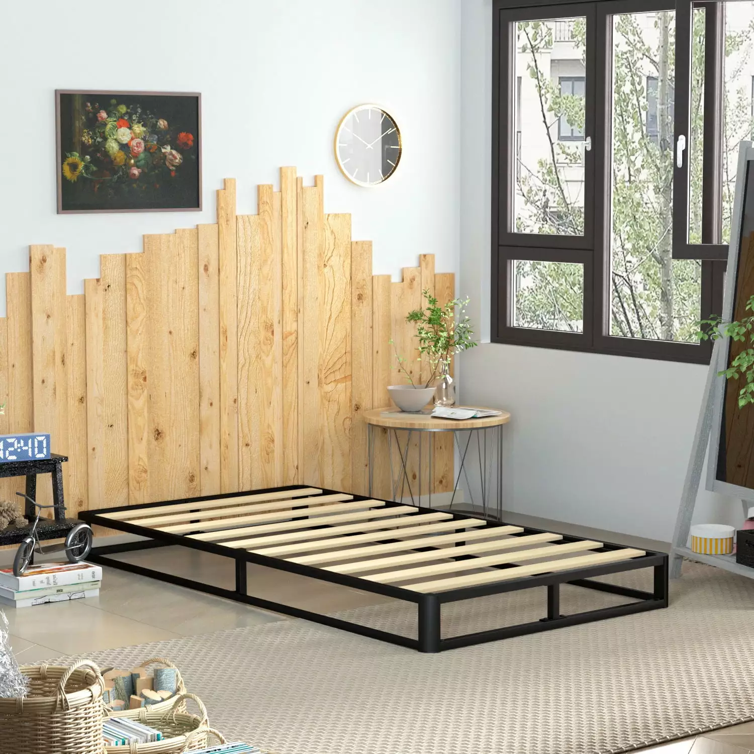 VENI 6 Mattress Support Bed Frame - Metal Platform Bed Wood Slat - Twin Size