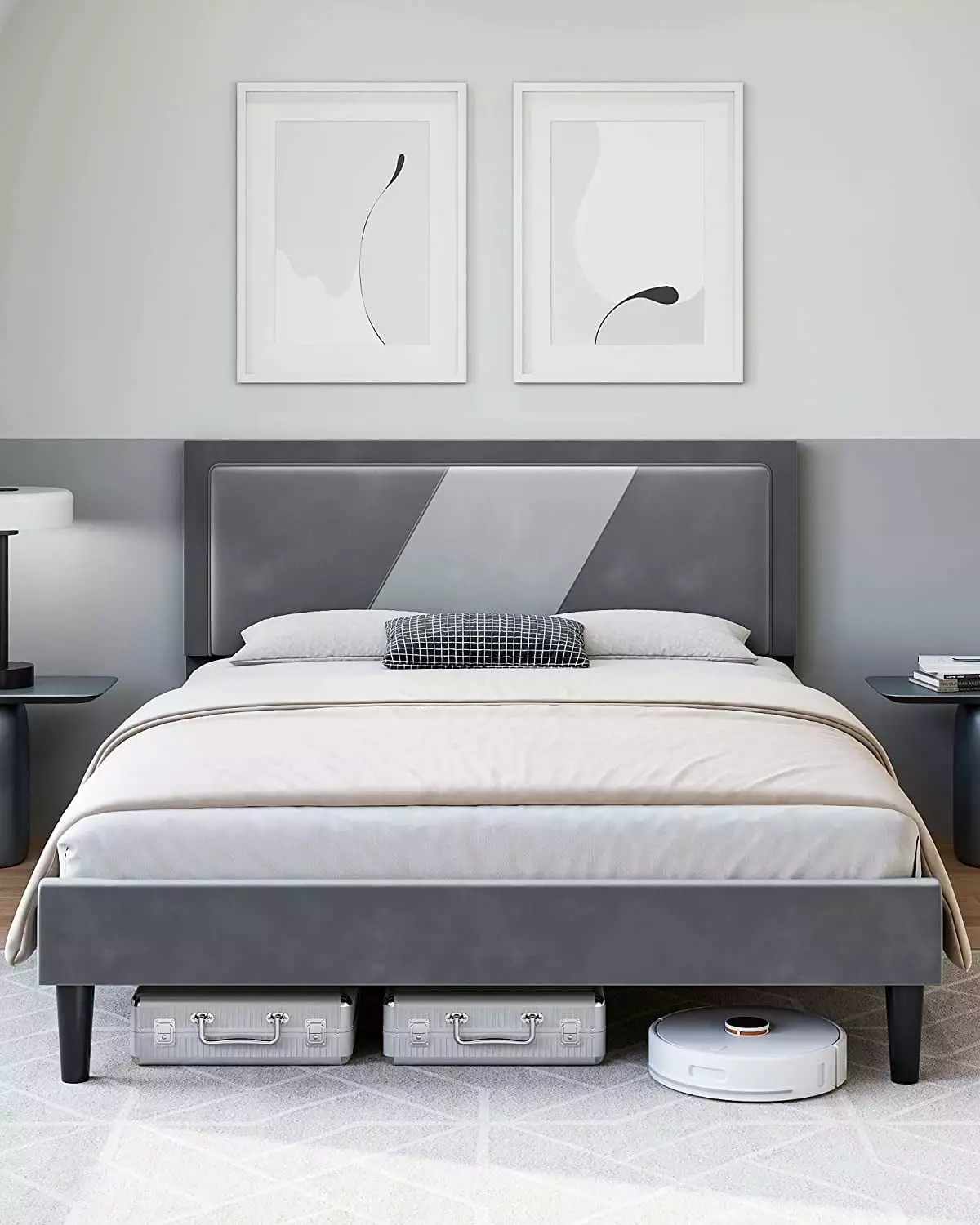 WhizMax Queen Bed Frame Tufted Platform Bed Adjustable Height Headboard Velvet Mix Color Upholstered Gray