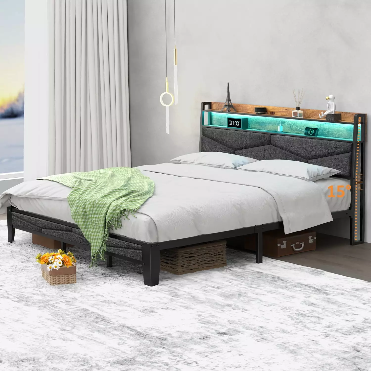 Winkalon Full Size Upholstered Platform Bed Frame Charging Station & LED Lights Light Gray