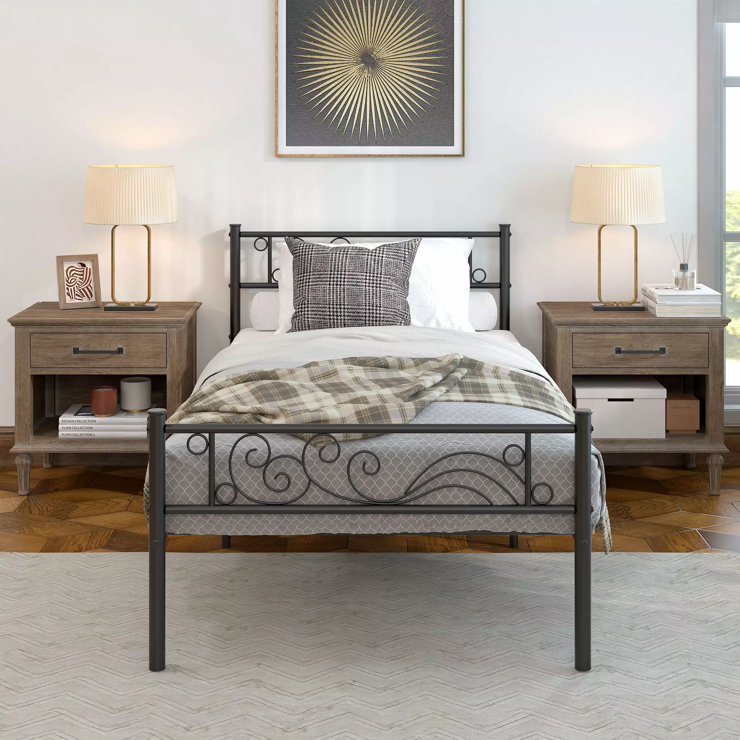 Yoneston Single Metal Platform Bed Frame Twin Size Headboard and Footboard Kids Bedroom Black