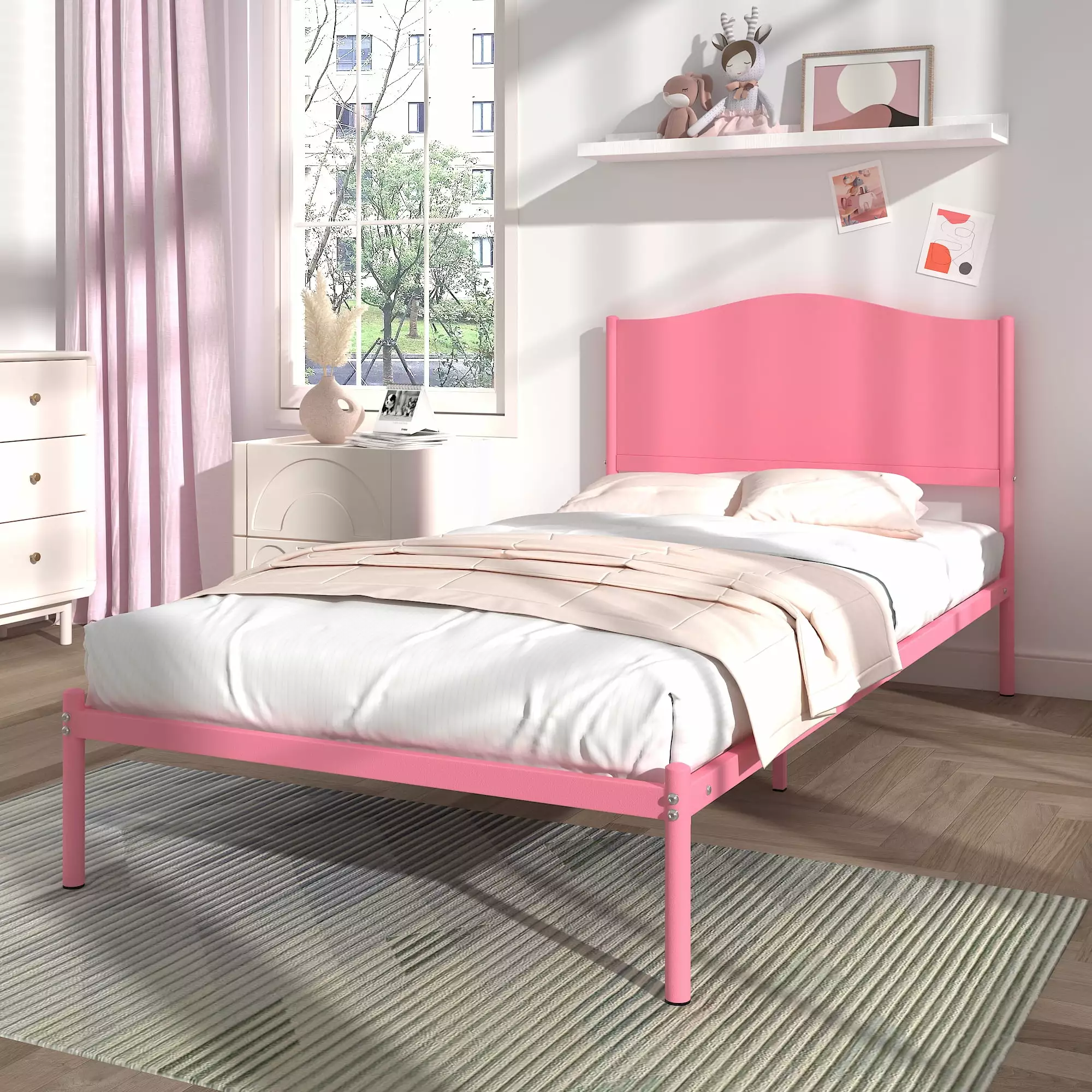 Yoneston Twin Kids Metal Platform Bed Frame Pink Finish Wood Headboard Girls