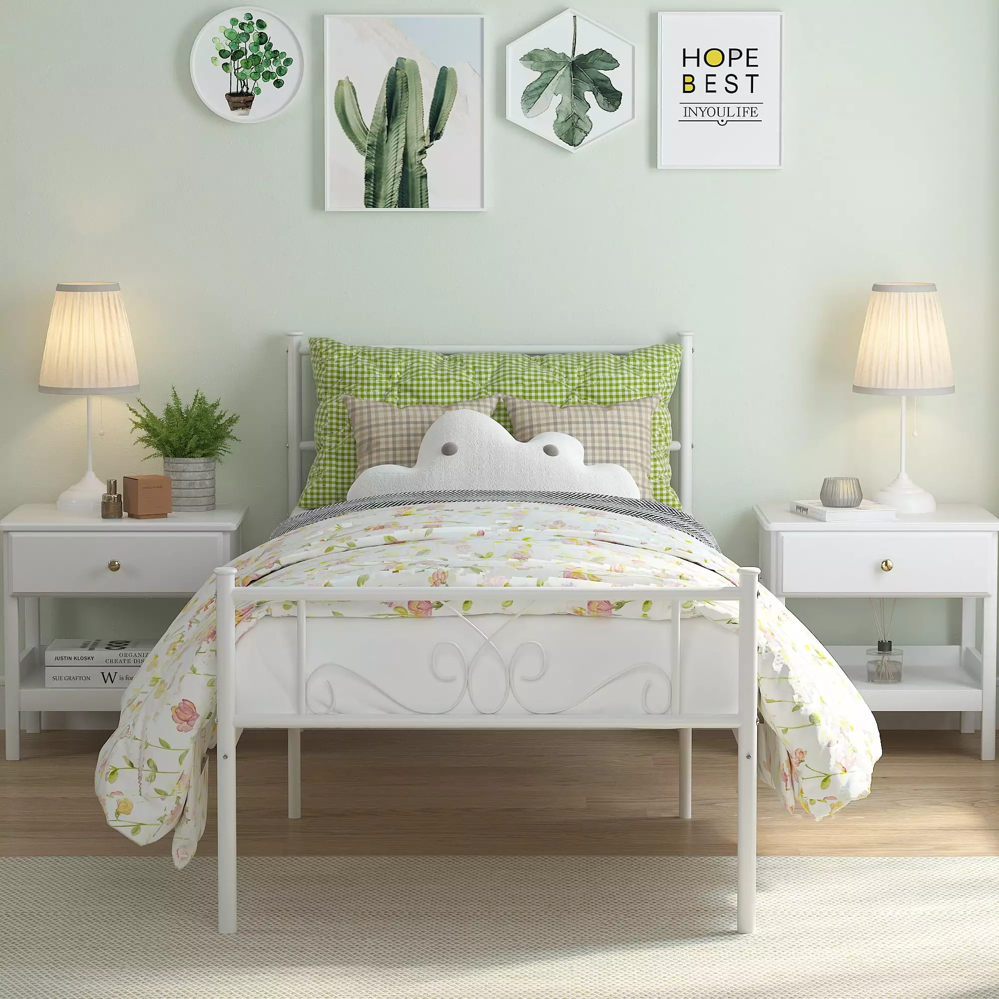 Yoneston Twin Metal Platform Bed Frame Headboard Kids and Teens White