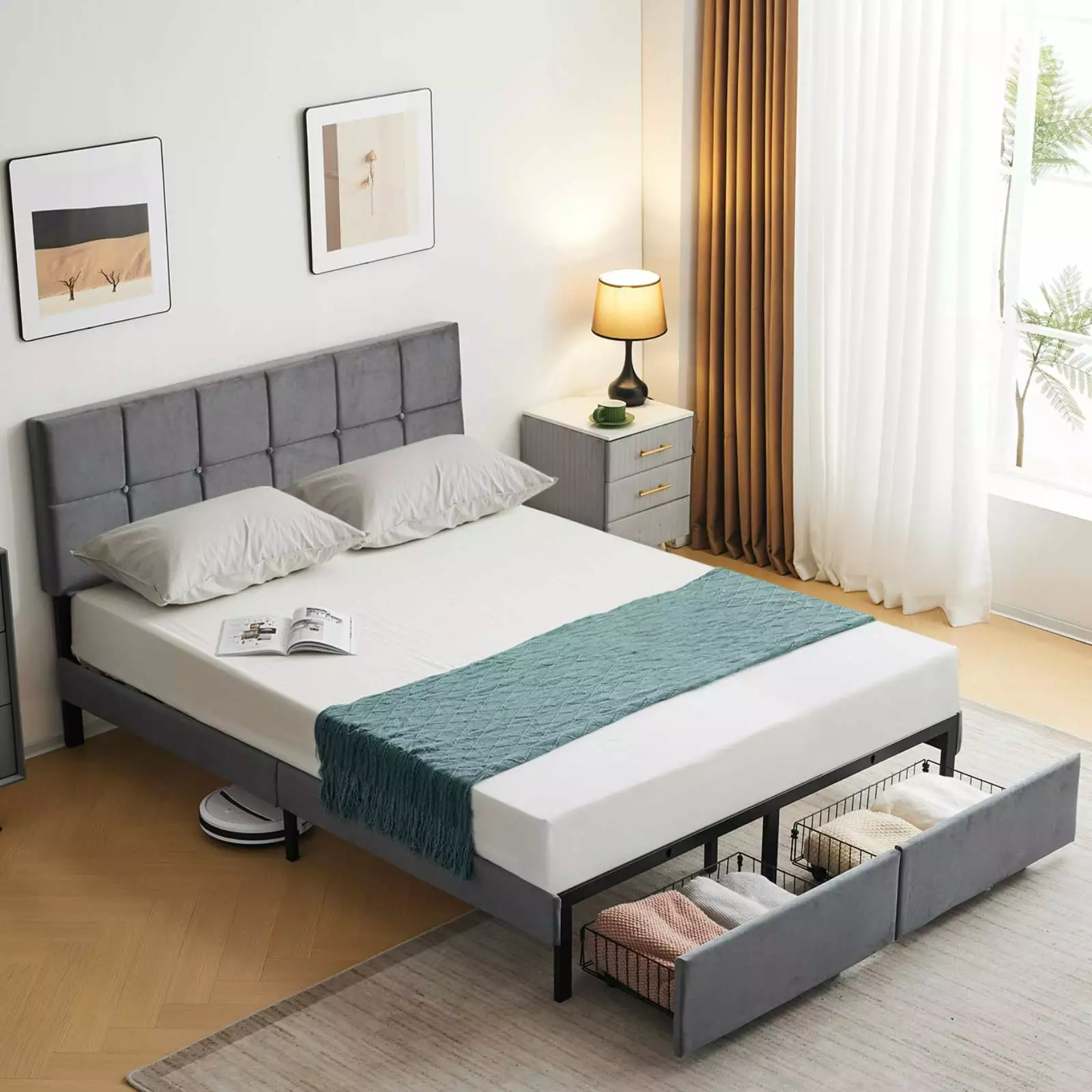 Zimtown Full Size Platform Bed Frame 2 Drawers - Upholstered Headboard Gray