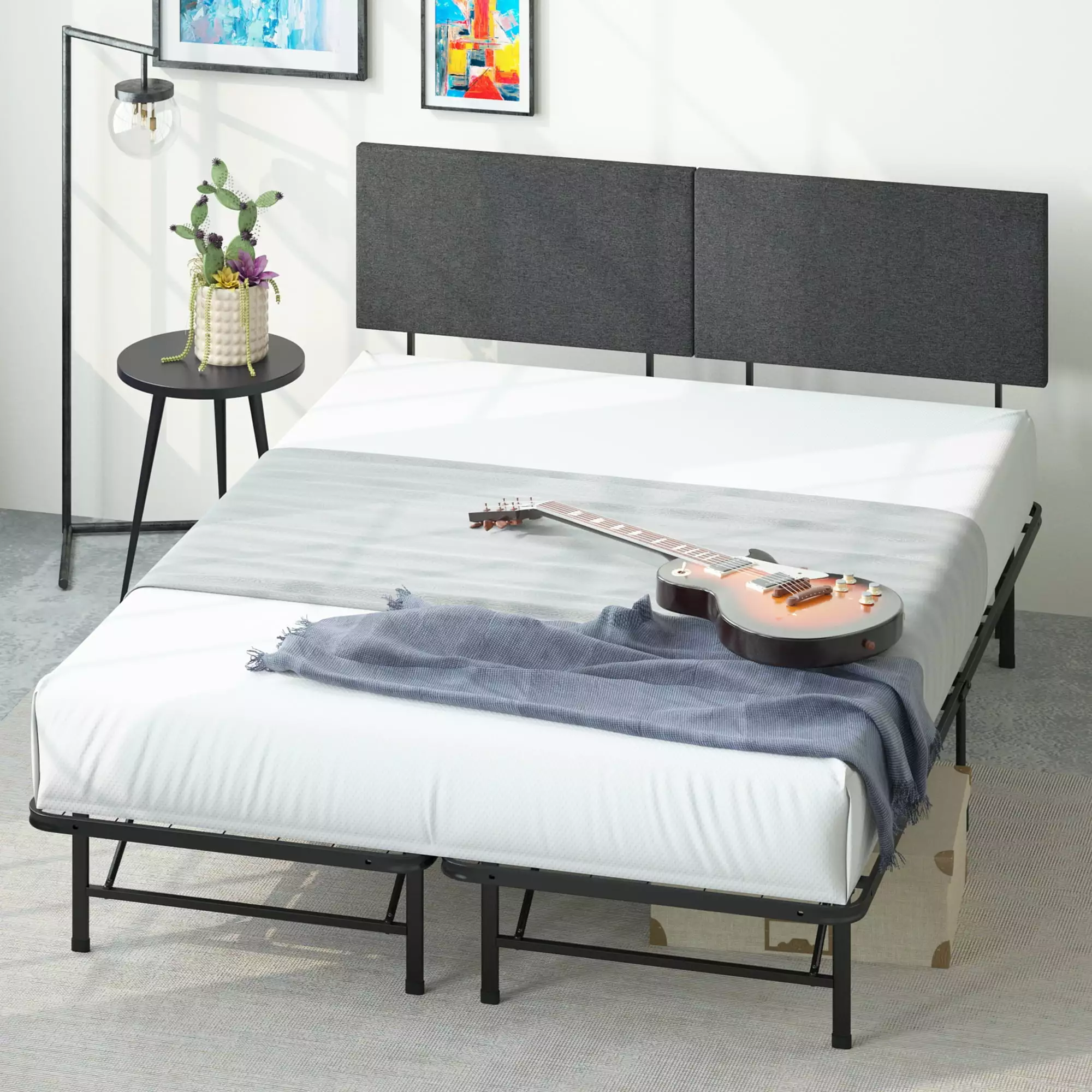 Zinus 42 Inch Queen Size IntelligentBase Mattress Foundation Upholstered Headboard and Metal Platform Bed Frame