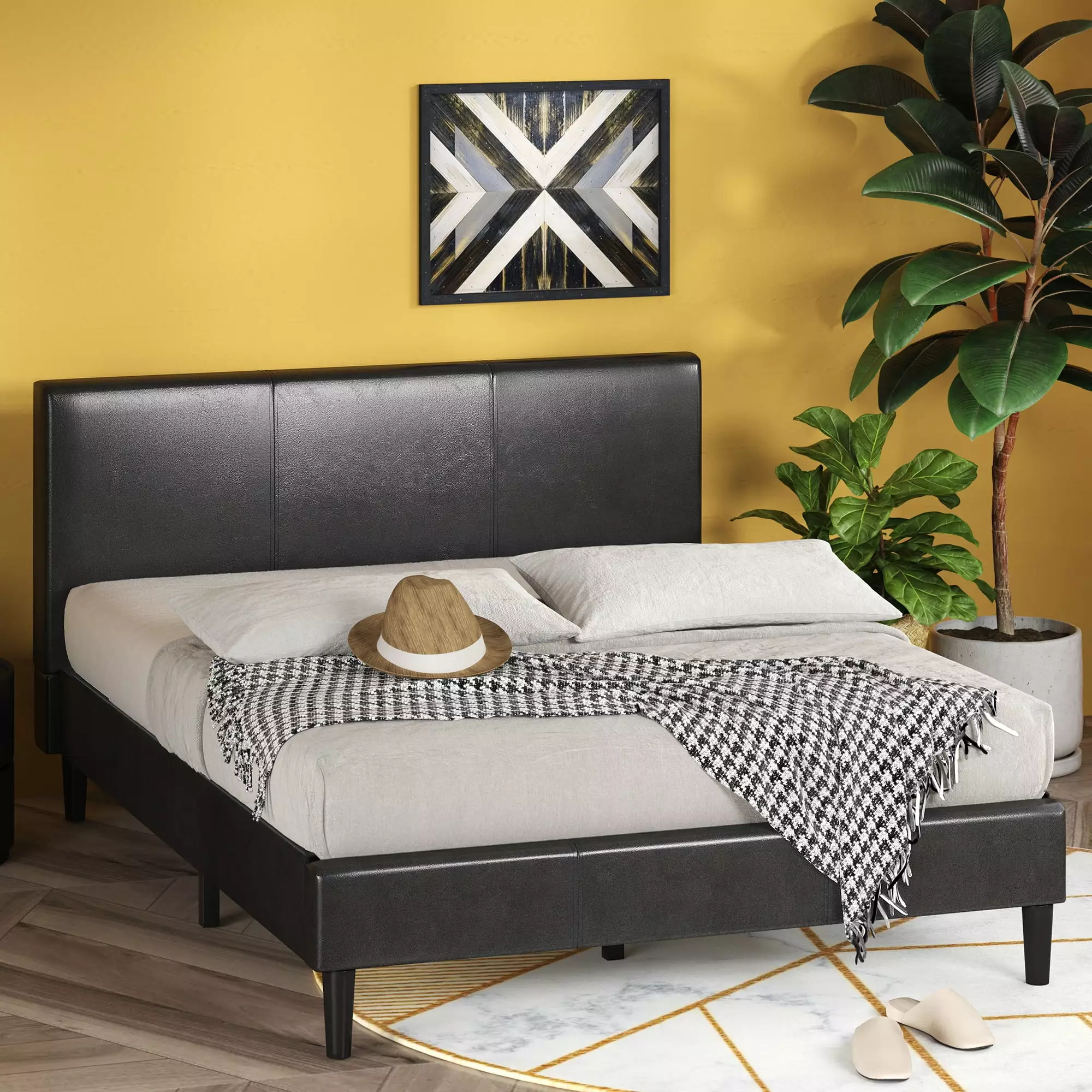 Zinus Jade 44 Faux Leather Upholstered King Platform Bed - Modern Bed Frame Headboard
