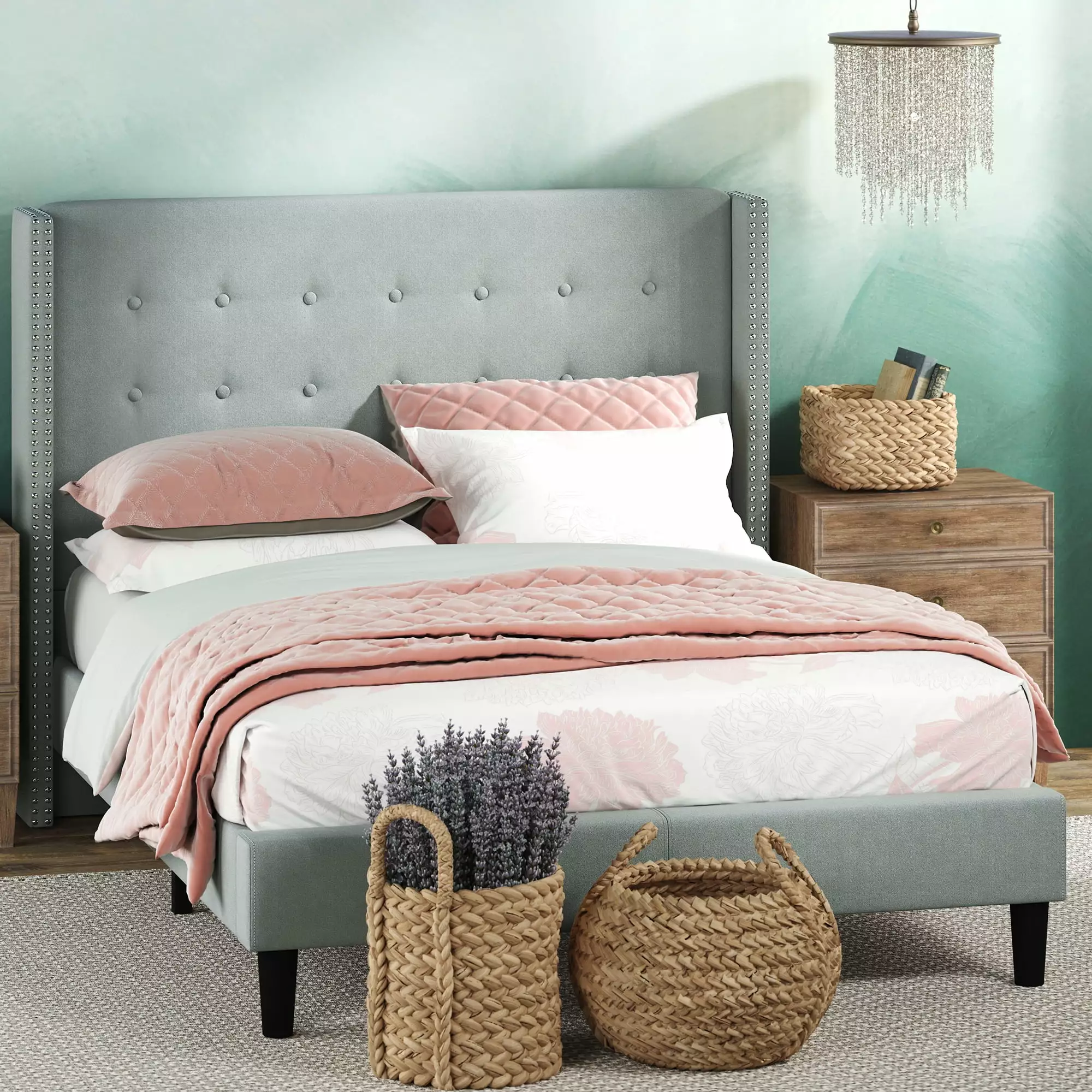 Zinus Kendra 51 Upholstered Platform Bed Frame Sage Grey Queen Size