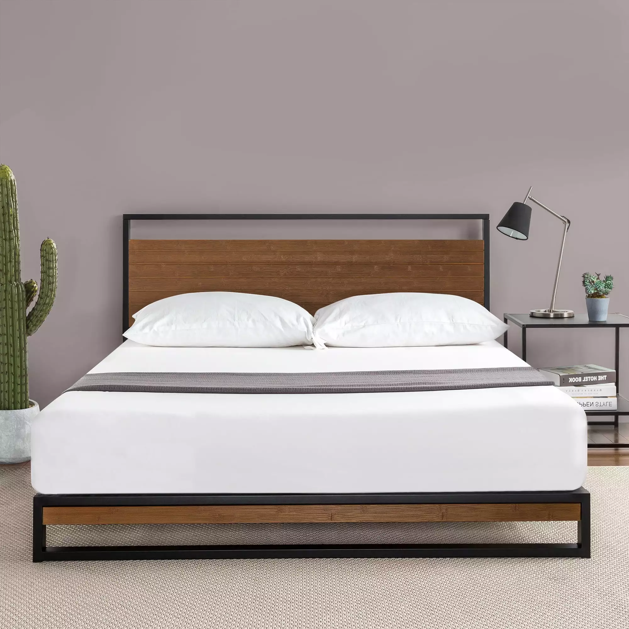 Zinus Suzanne 37 Metal and Wood Platform Bed Frame Chestnut Brown Queen