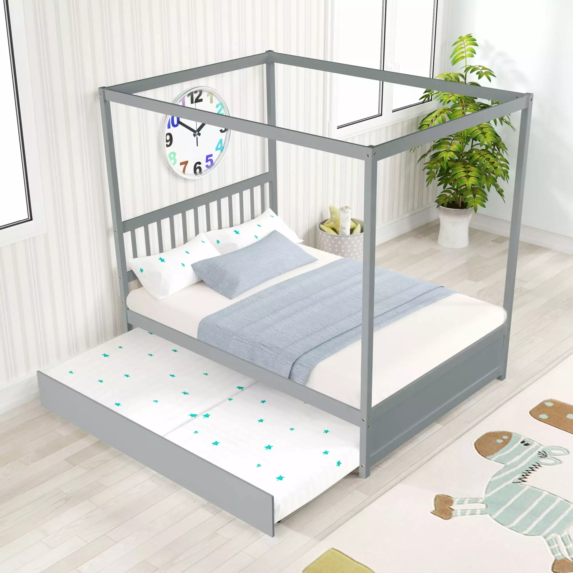 Full Size Canopy Bed Twin Trundle Wooden Platform Bed Frame Headboard Kids No Box Spring Needed Gray Clipeyh