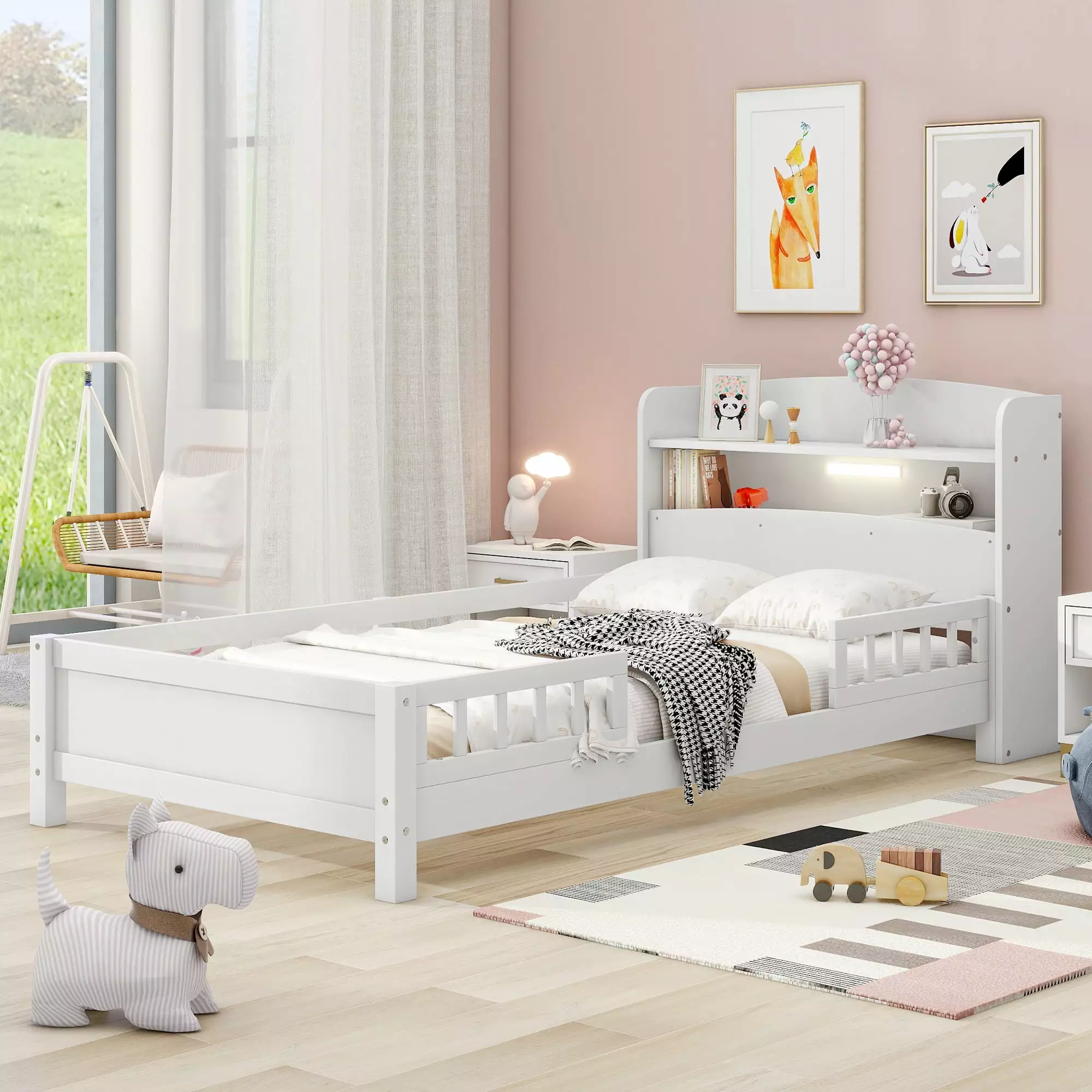 Twin Platform Bed Built- LED Light Storage Headboard and Guardrail Wooden Montessori Bed Frame Sturdy Slats and Guardrail ...