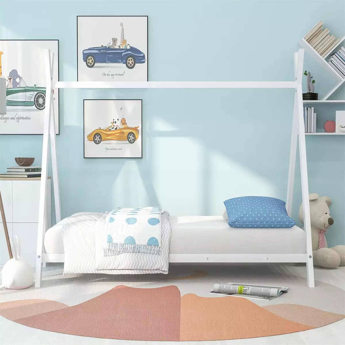Twin Houtilize Bed Tent Bed Frame Kids Metal Platform Triangle Roof White ARCTICSCORPION