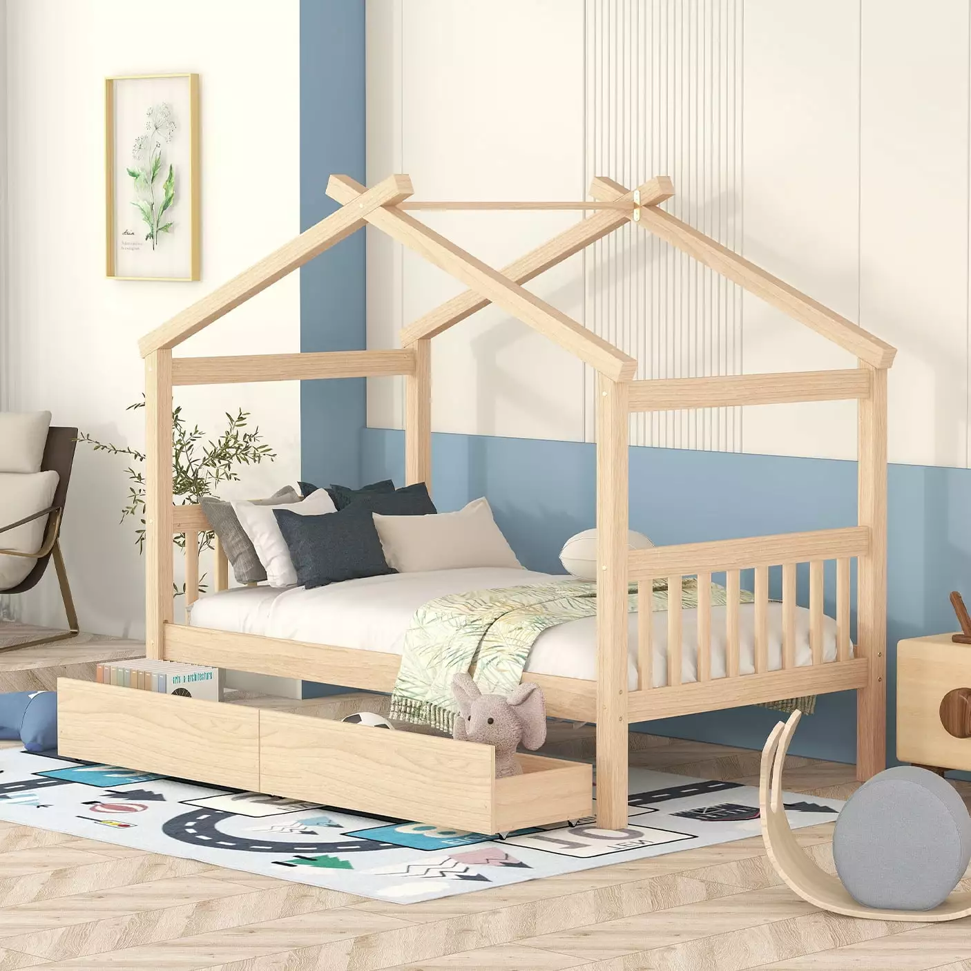 Natural Brown Twin Size Wooden Houtilize Platform Bed Drawers Storage Playhoutilize Design Headboard Footboard Boys Girls ...