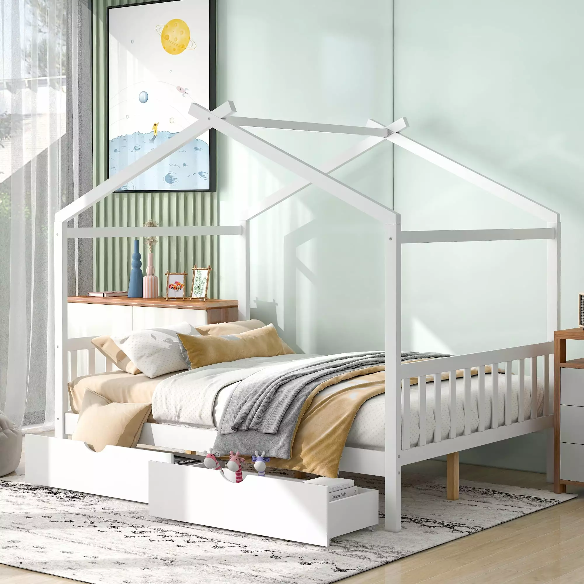 White Full Size Houtilize Low Platform Bed Roof 2 Drawers Solid Wood Storage Bed Toddlers Boys Girls Bellemave