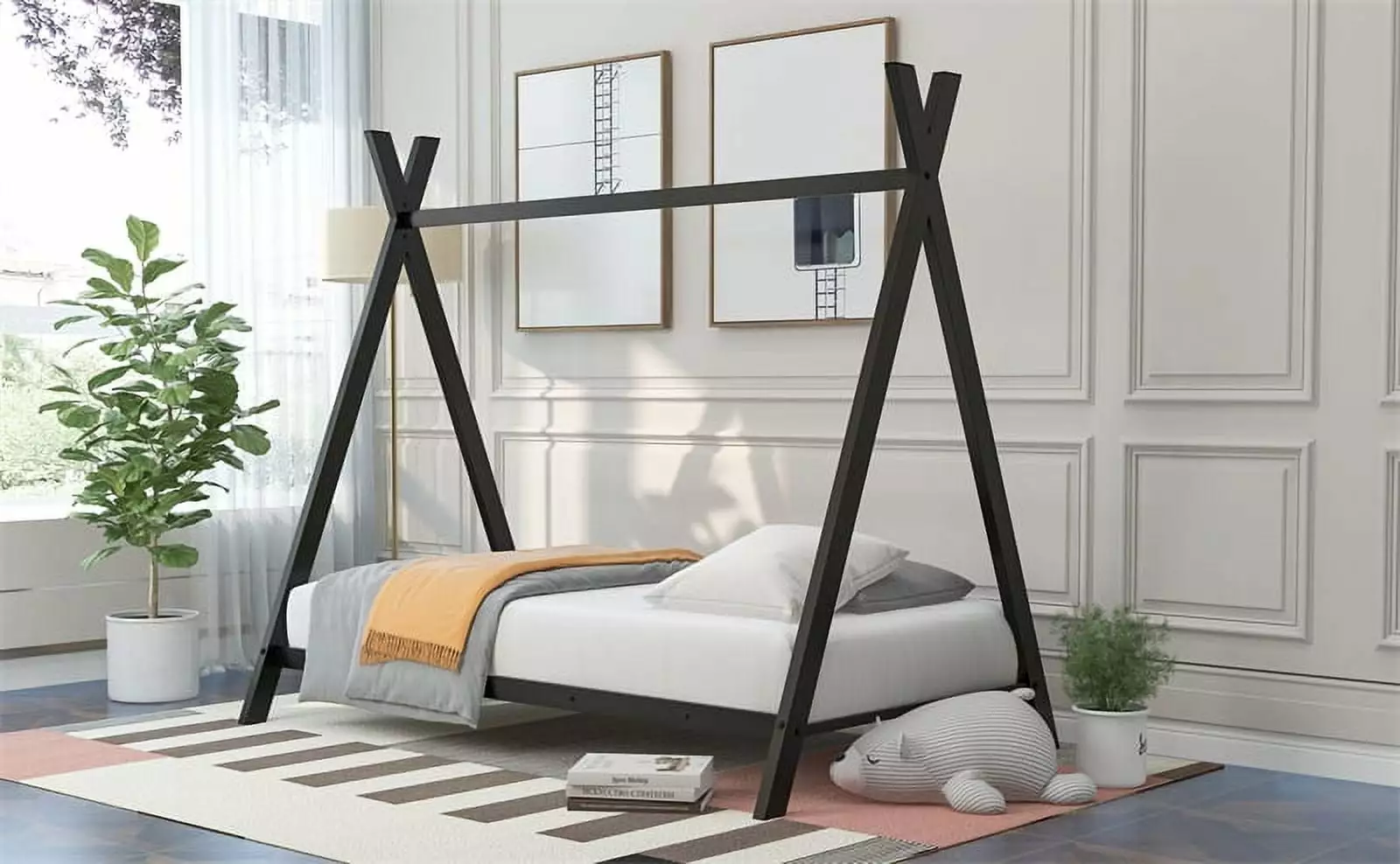 Twin Size Houtilize Bed Tent Bed Frame Metal Floor Play Kids Black Triple Tree