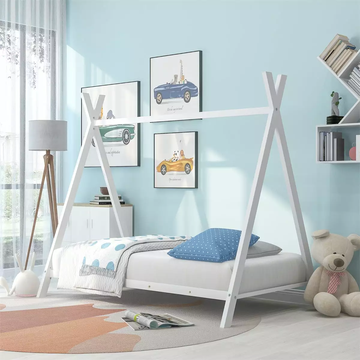 Twin Size Houtilize Bed Tent Metal Bed Frame Floor Play Kids White Triple Tree